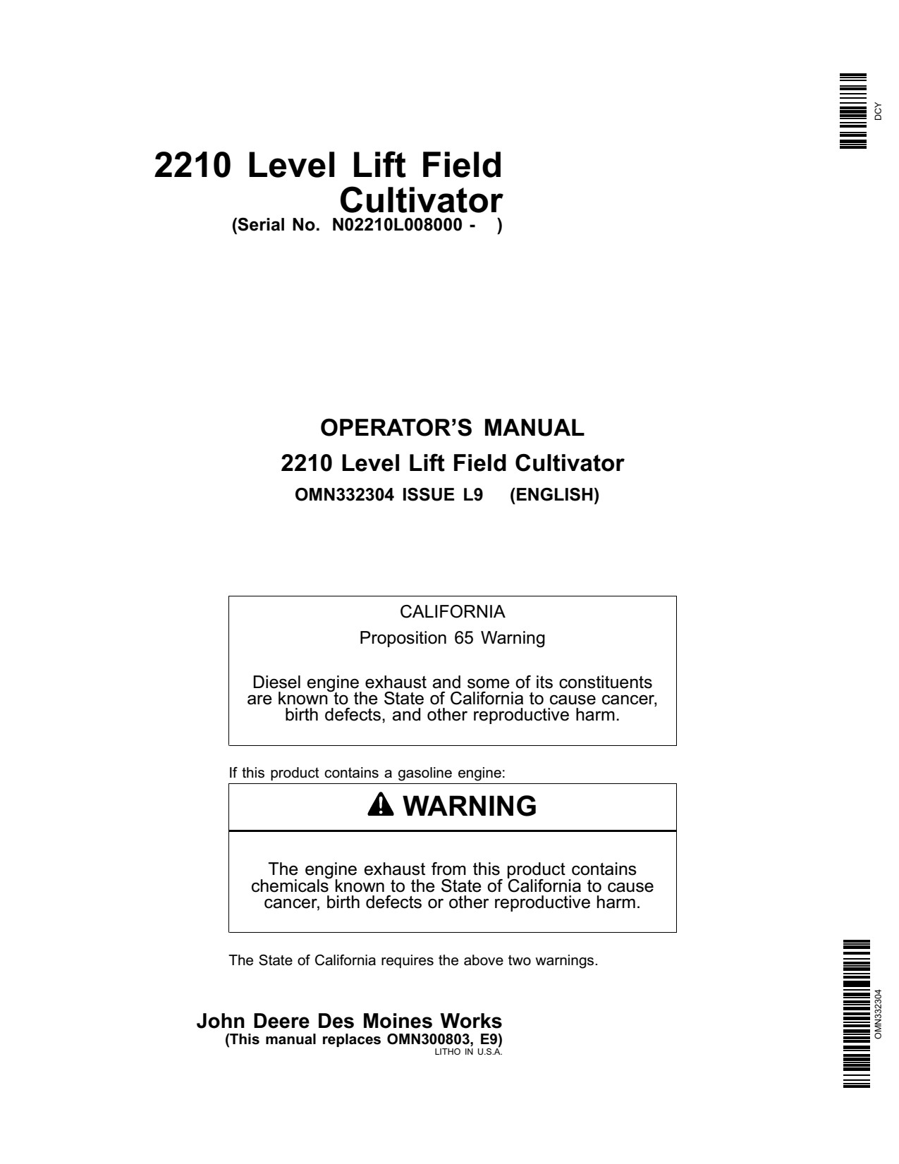 John Deere 2210 Lift Field Cultivator Operator Manual OMN332304 1 John Deere 2210 Lift Field Cultivator Operator Manual OMN332304
