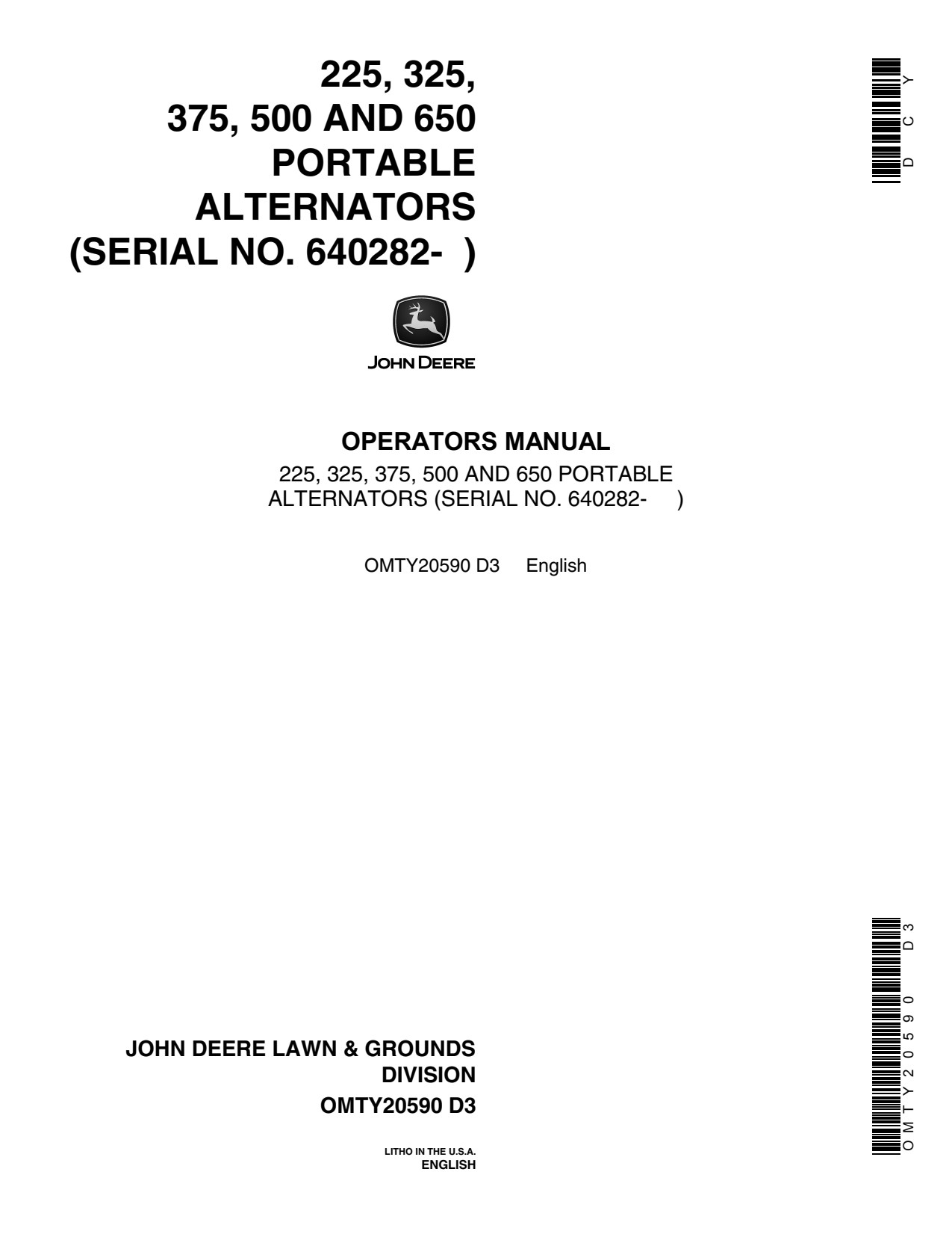 John Deere 225 325 375 500 650 Portable Alternator Operator Manual OMTY20590 1 John Deere 225 325 375 500 650 Portable Alternator Operator Manual OMTY20590