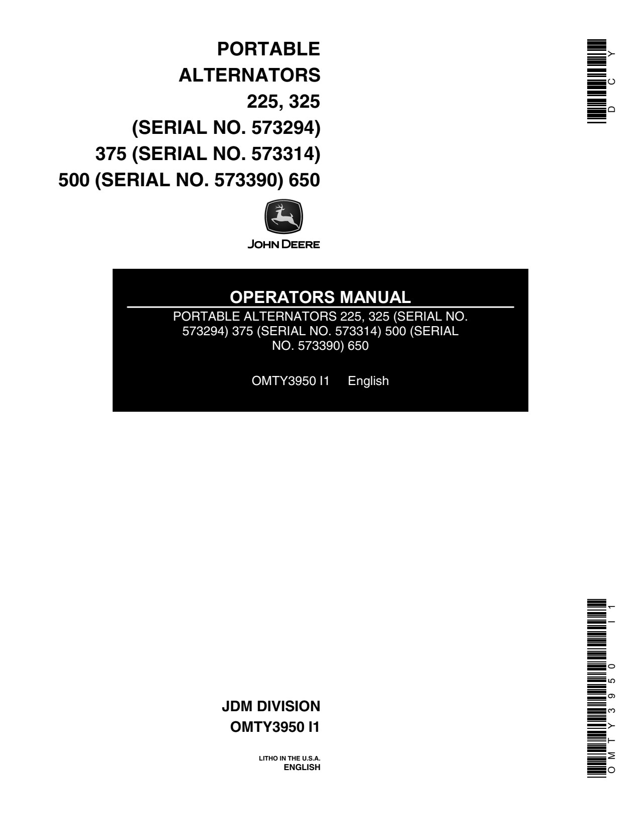 John Deere 225 325 375 500 650 Portable Alternator Operator Manual OMTY3950 1 John Deere 225 325 375 500 650 Portable Alternator Operator Manual OMTY3950