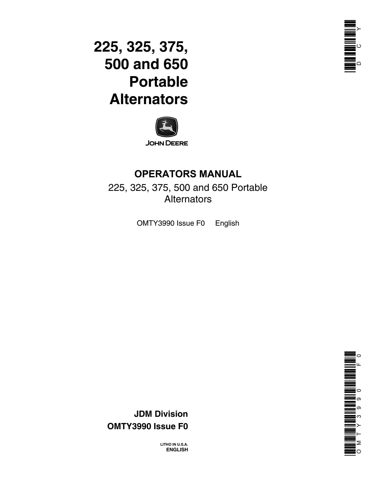 John Deere 225 325 375 500 650 Portable Alternator Operator Manual OMTY3990 FR 1 John Deere 225 325 375 500 650 Portable Alternator Operator Manual OMTY3990 FR