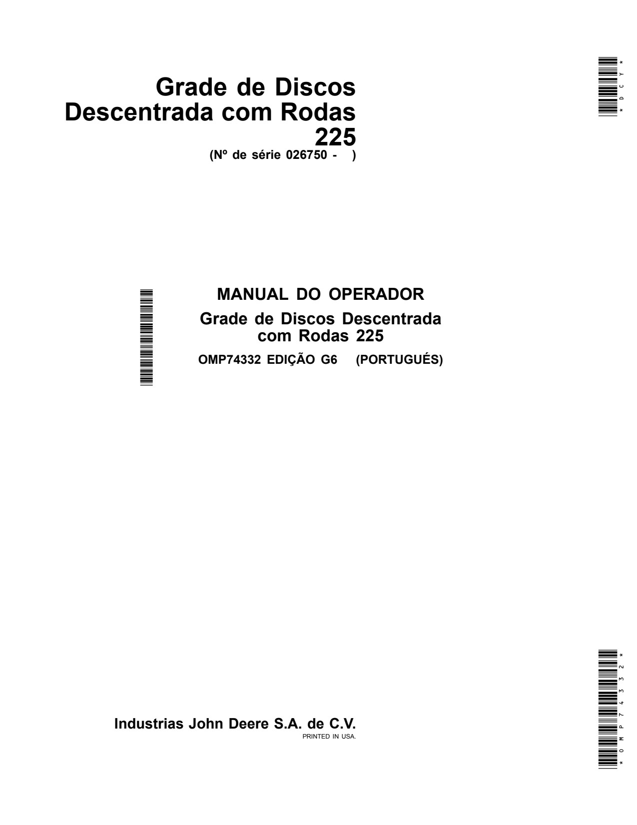 John Deere 225 Disk Harrow Operator Manual OMP74332 PT 1 John Deere 225 Disk Harrow Operator Manual OMP74332 PT