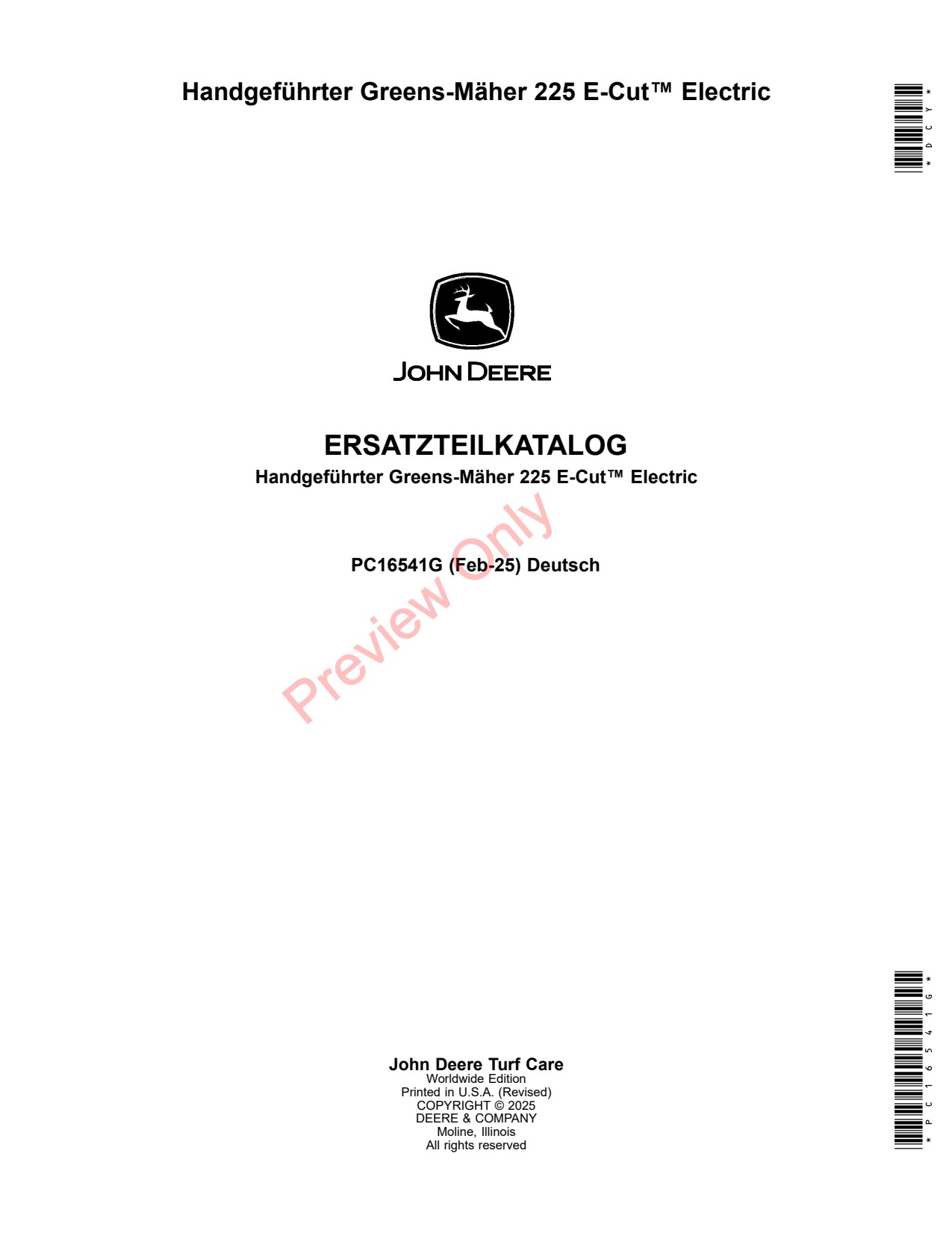 John Deere 225 E-Cut Walk Greens Mower Parts Catalog PC16541G DE 1 John Deere 225 E-Cut Walk Greens Mower Parts Catalog PC16541G DE