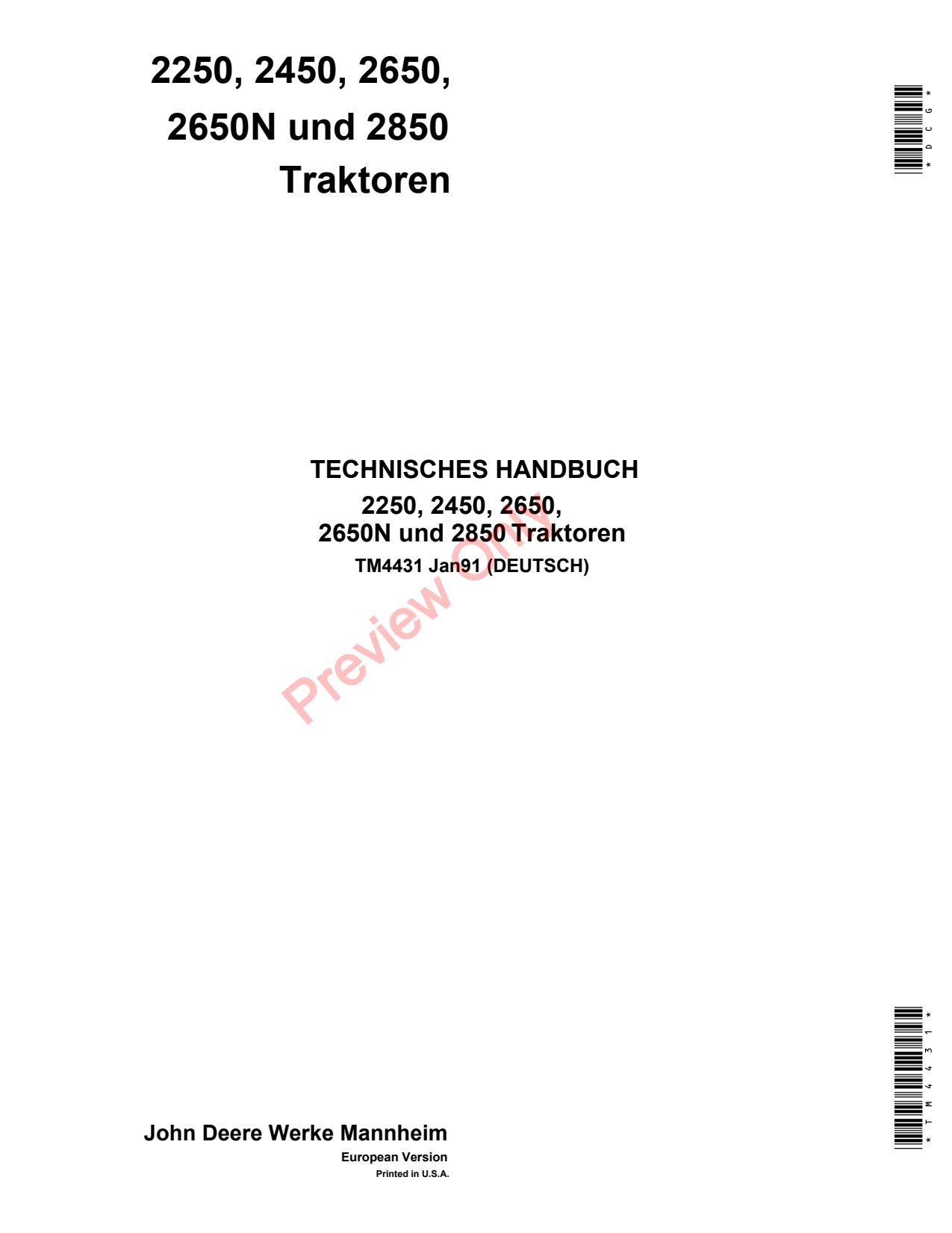 John Deere 2250 to 2650 2650N 2850 Tractor Technical Manual TM4431 DE 1 John Deere 2250 to 2650 2650N 2850 Tractor Technical Manual TM4431 DE