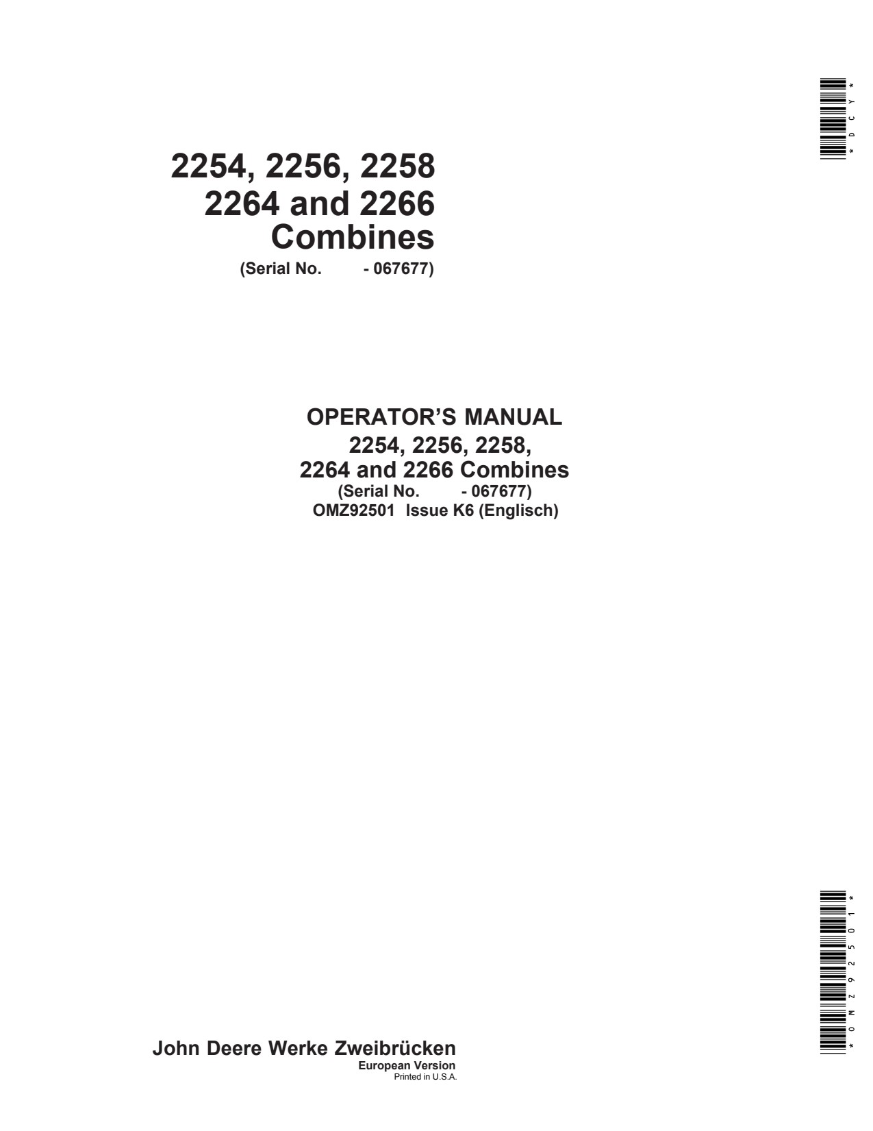 John Deere 2254 to 2258 2264 2266 Extra Combine Operator Manual OMZ92501 1 John Deere 2254 to 2258 2264 2266 Extra Combine Operator Manual OMZ92501