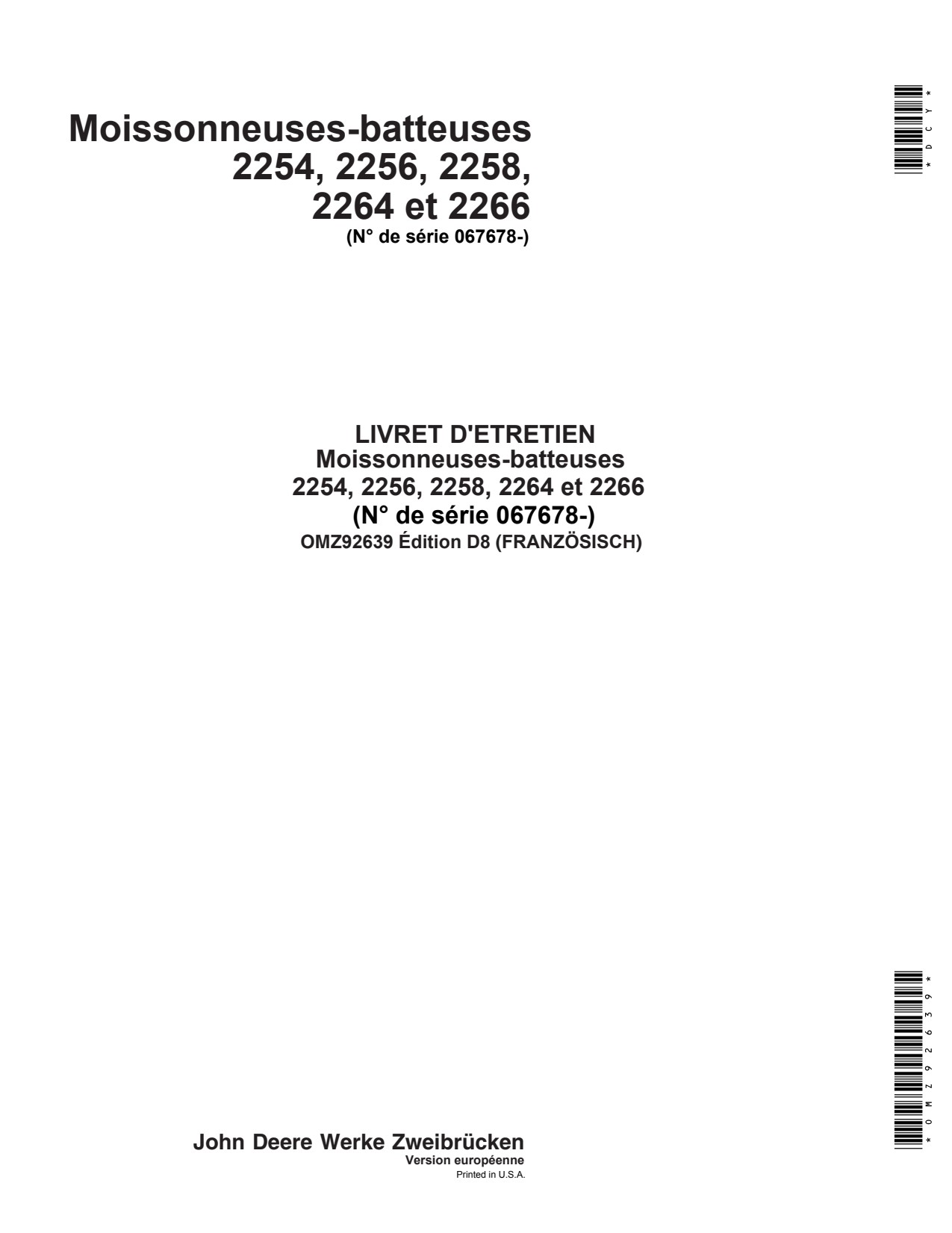John Deere 2254 to 2258 2264 2266 Extra Combine Operator Manual OMZ92639 FR 1 John Deere 2254 to 2258 2264 2266 Extra Combine Operator Manual OMZ92639 FR
