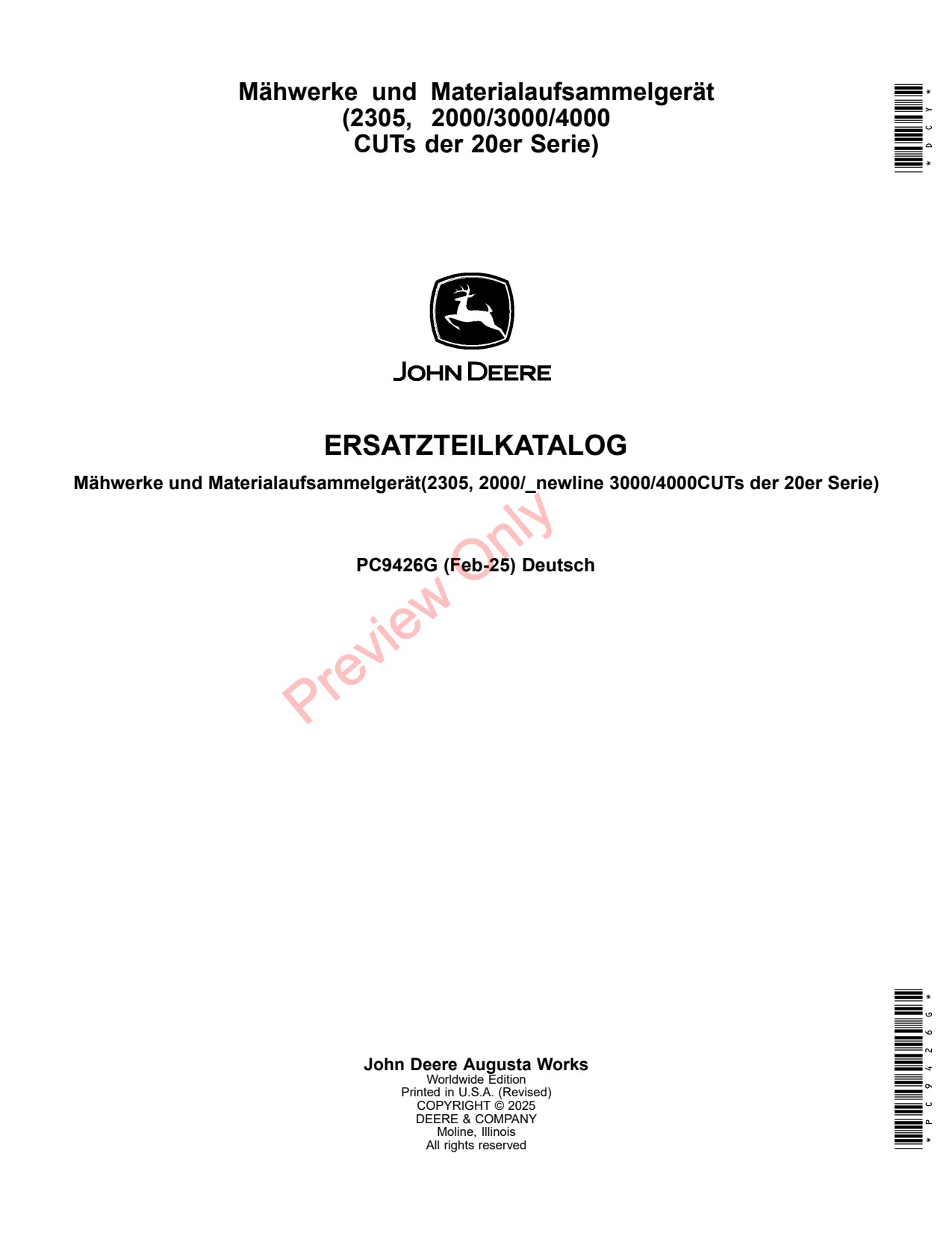 John Deere 2305 2000 to 4000 54 54C 54D 60 60D 62 62C 62D 72 72D MCS Compact Utility Tractor Parts Catalog PC9426G DE 1 John Deere 2305 2000 to 4000 54 54C 54D 60 60D 62 62C 62D 72 72D MCS Compact Utility Tractor Parts Catalog PC9426G DE