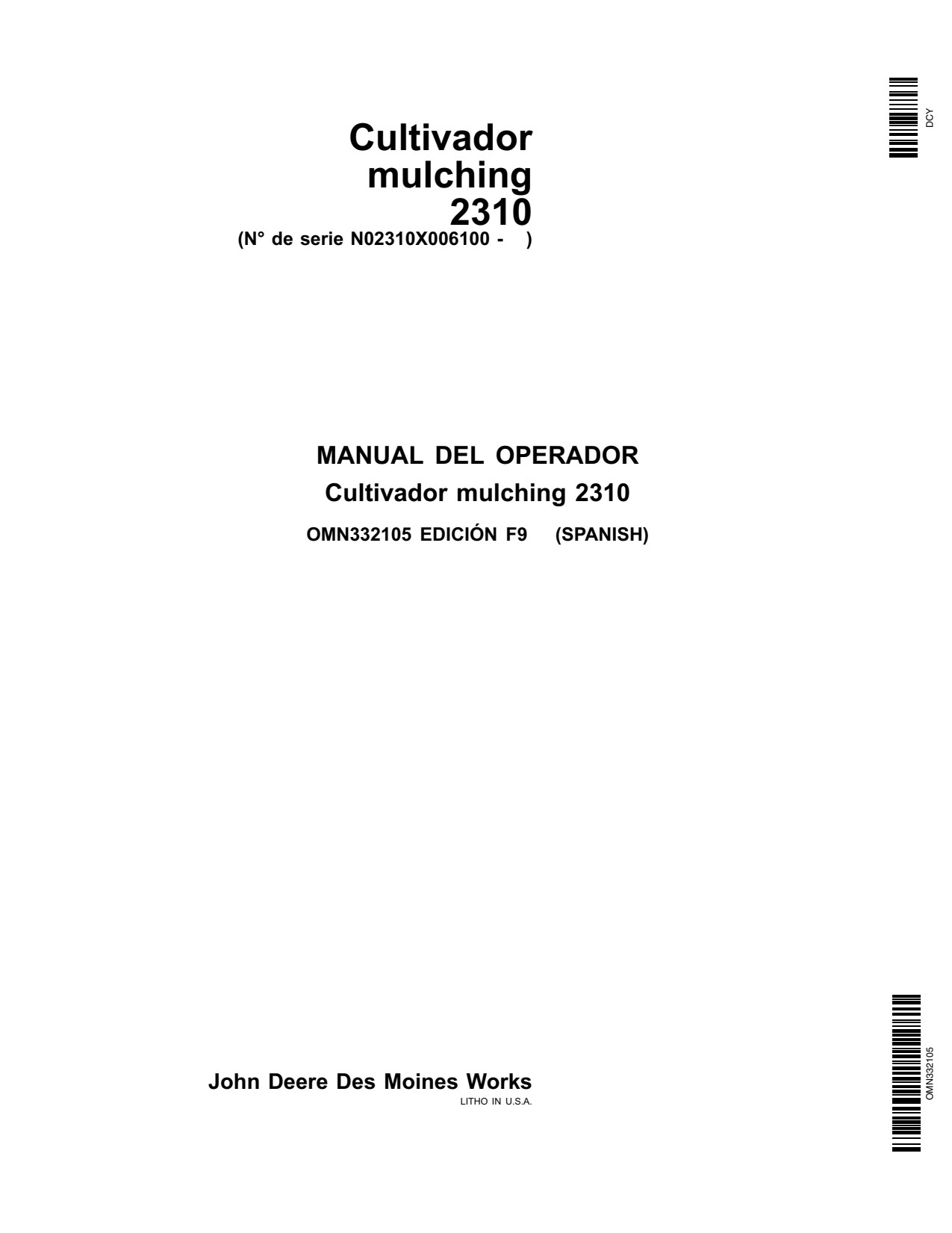 John Deere 2310N0 2310X006100 Mulch Finisher Operator's Manual OMN332105 ES 1 John Deere 2310N0 2310X006100 Mulch Finisher Operator's Manual OMN332105 ES