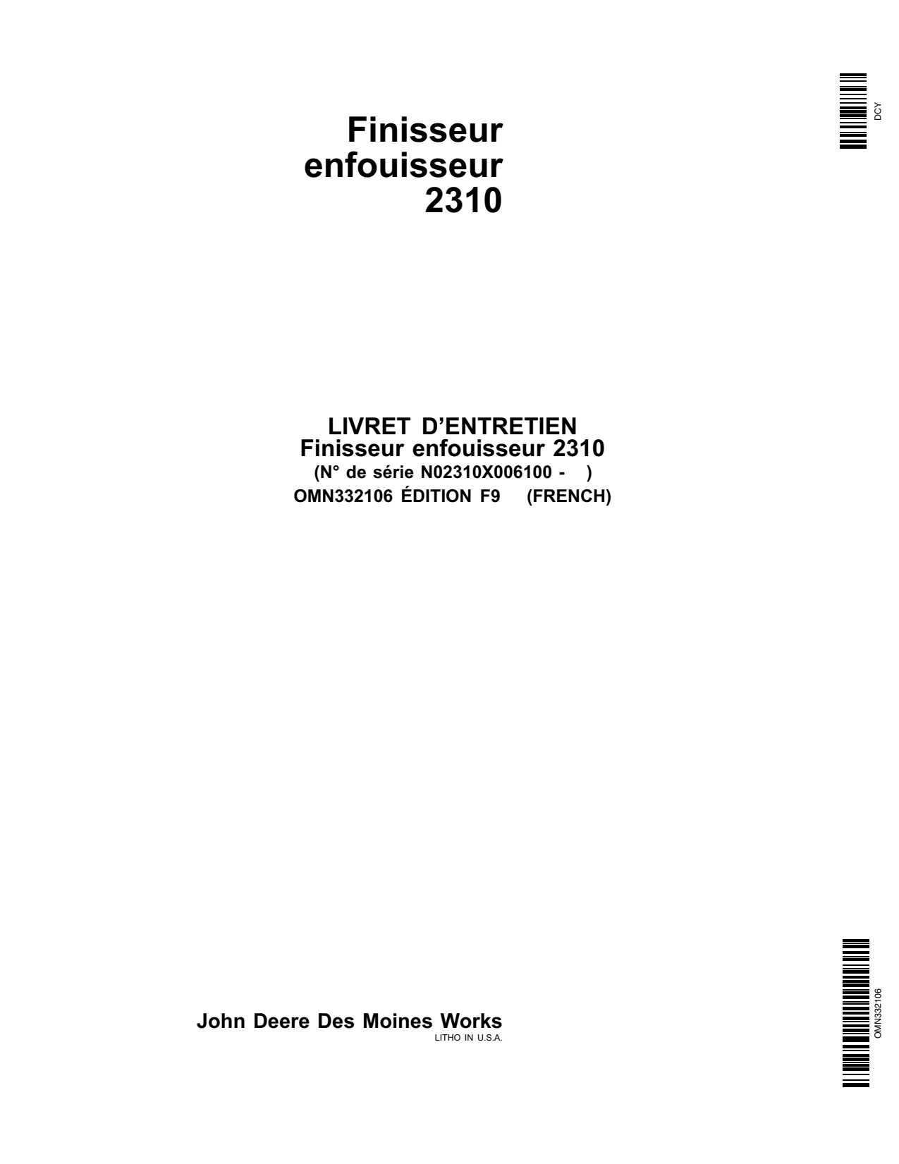 John Deere 2310N0 2310X006100 Mulch Finisher Operator's Manual OMN332106 FR 1 John Deere 2310N0 2310X006100 Mulch Finisher Operator's Manual OMN332106 FR