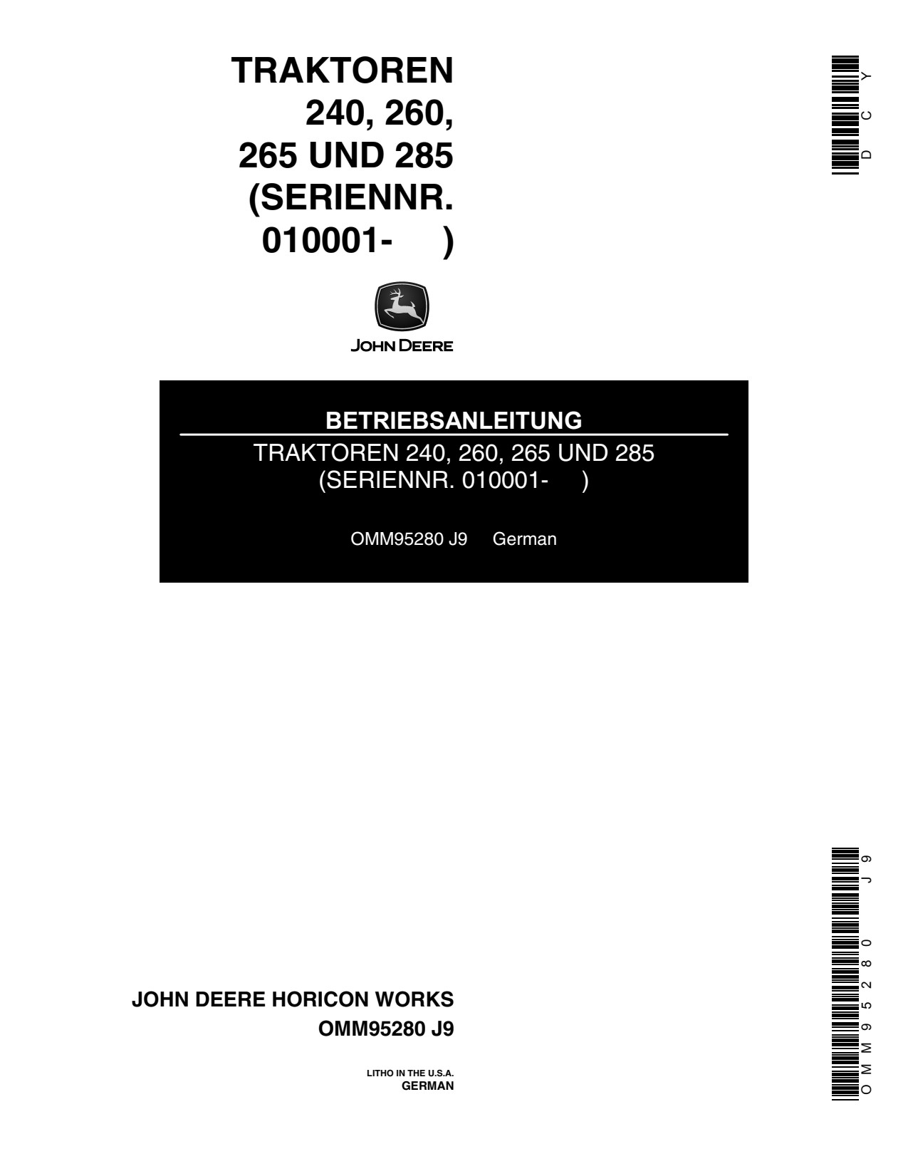 John Deere 240 260 265 285 Garden Tractor Operator Manual OMM95280 DE 1 John Deere 240 260 265 285 Garden Tractor Operator Manual OMM95280 DE