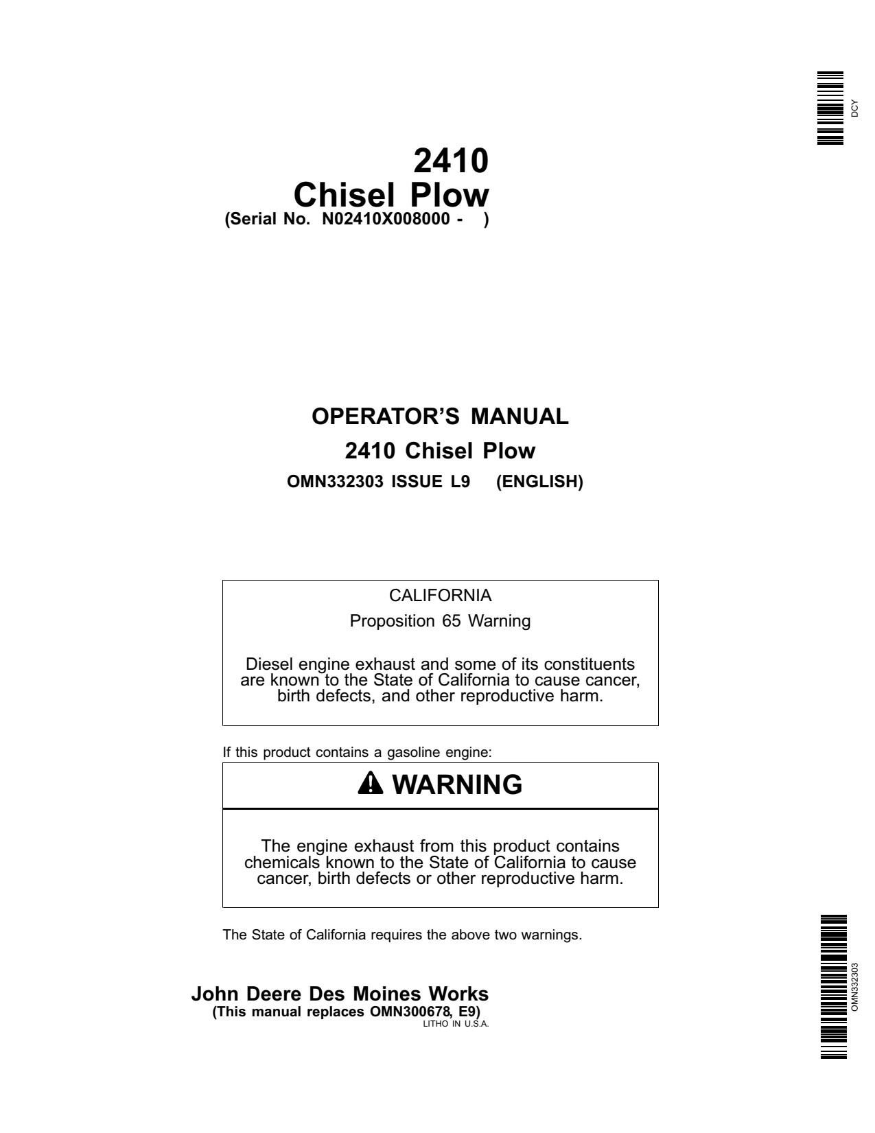 John Deere 2410 Chisel Plow Operator Manual OMN332303 1 John Deere 2410 Chisel Plow Operator Manual OMN332303