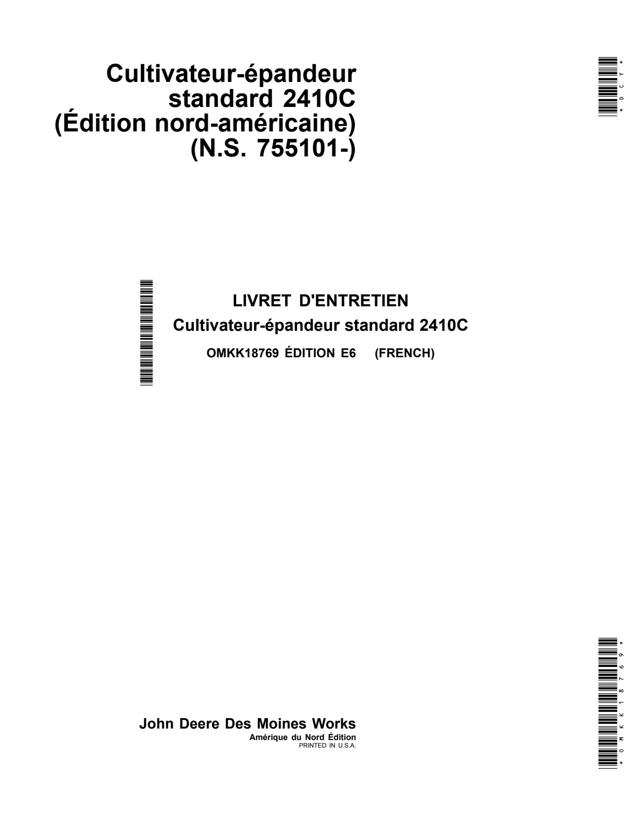 John Deere 2410C Conventional Fertilizer Applicator Operator Manual OMKK18769 FR 1 John Deere 2410C Conventional Fertilizer Applicator Operator Manual OMKK18769 FR