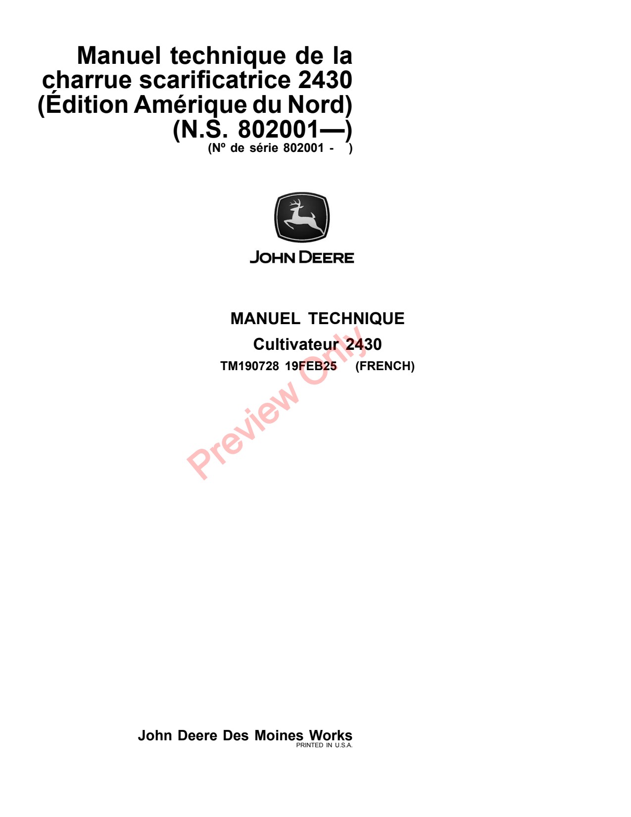 John Deere 2430 Chisel Plow Technical Manual TM190728 FR 1 John Deere 2430 Chisel Plow Technical Manual TM190728 FR