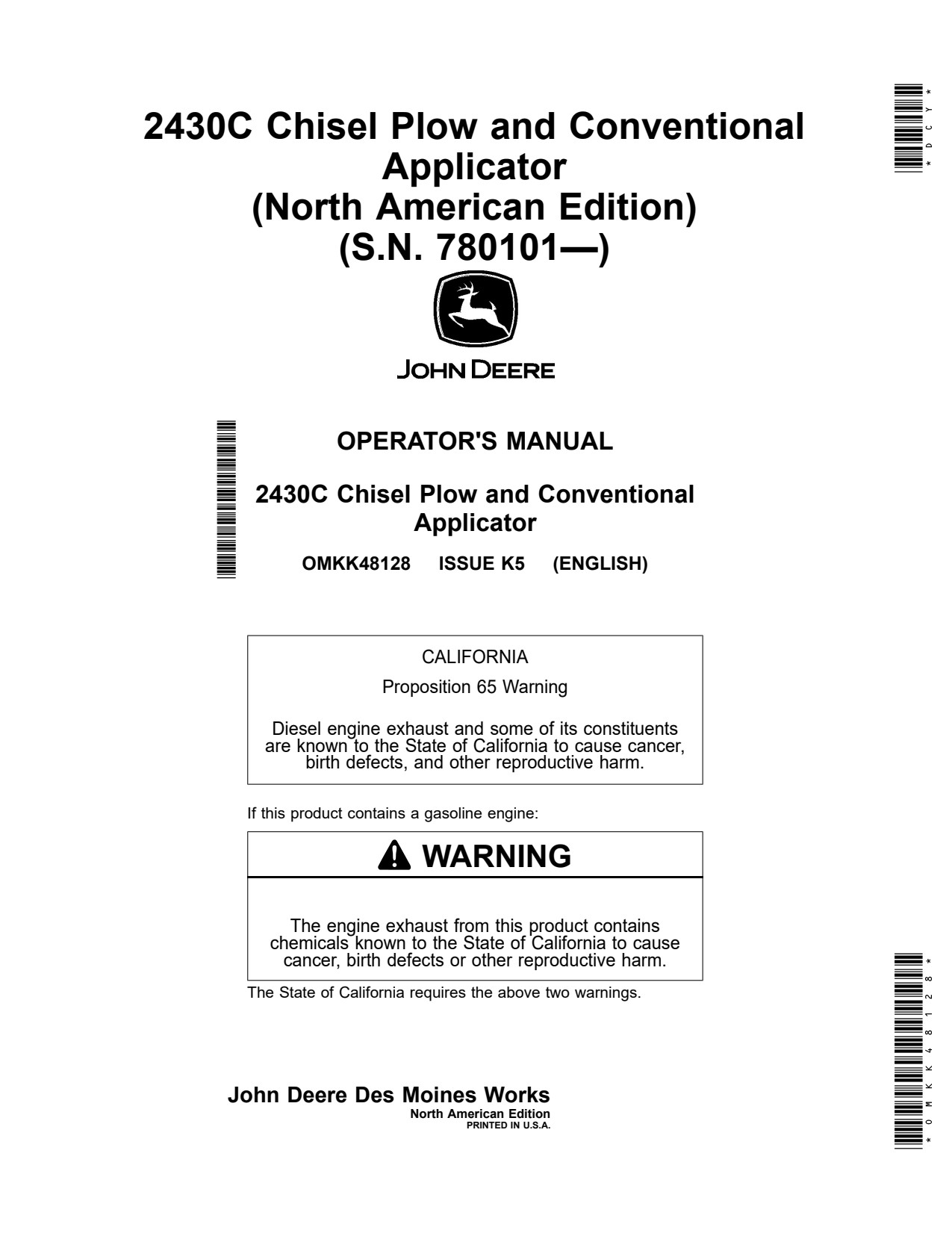 John Deere 2430C Chisel Plow Conventional Applicator Fertilizer Operator Manual OMKK48128 1 John Deere 2430C Chisel Plow Conventional Applicator Fertilizer Operator Manual OMKK48128