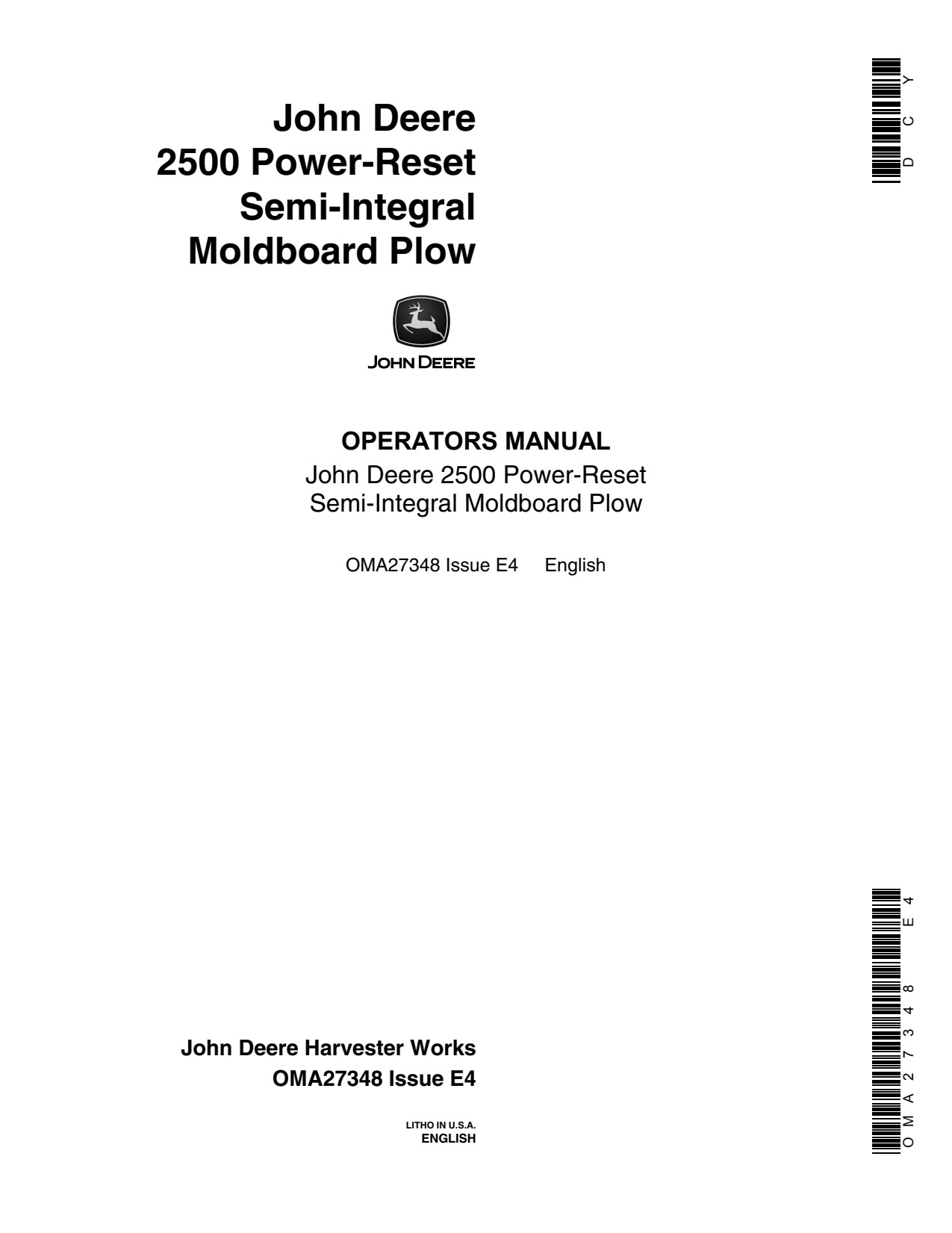 John Deere 2500 Power-reset Semi-integral Moldboard Plow Operator Manual OMA27348 1 John Deere 2500 Power-reset Semi-integral Moldboard Plow Operator Manual OMA27348