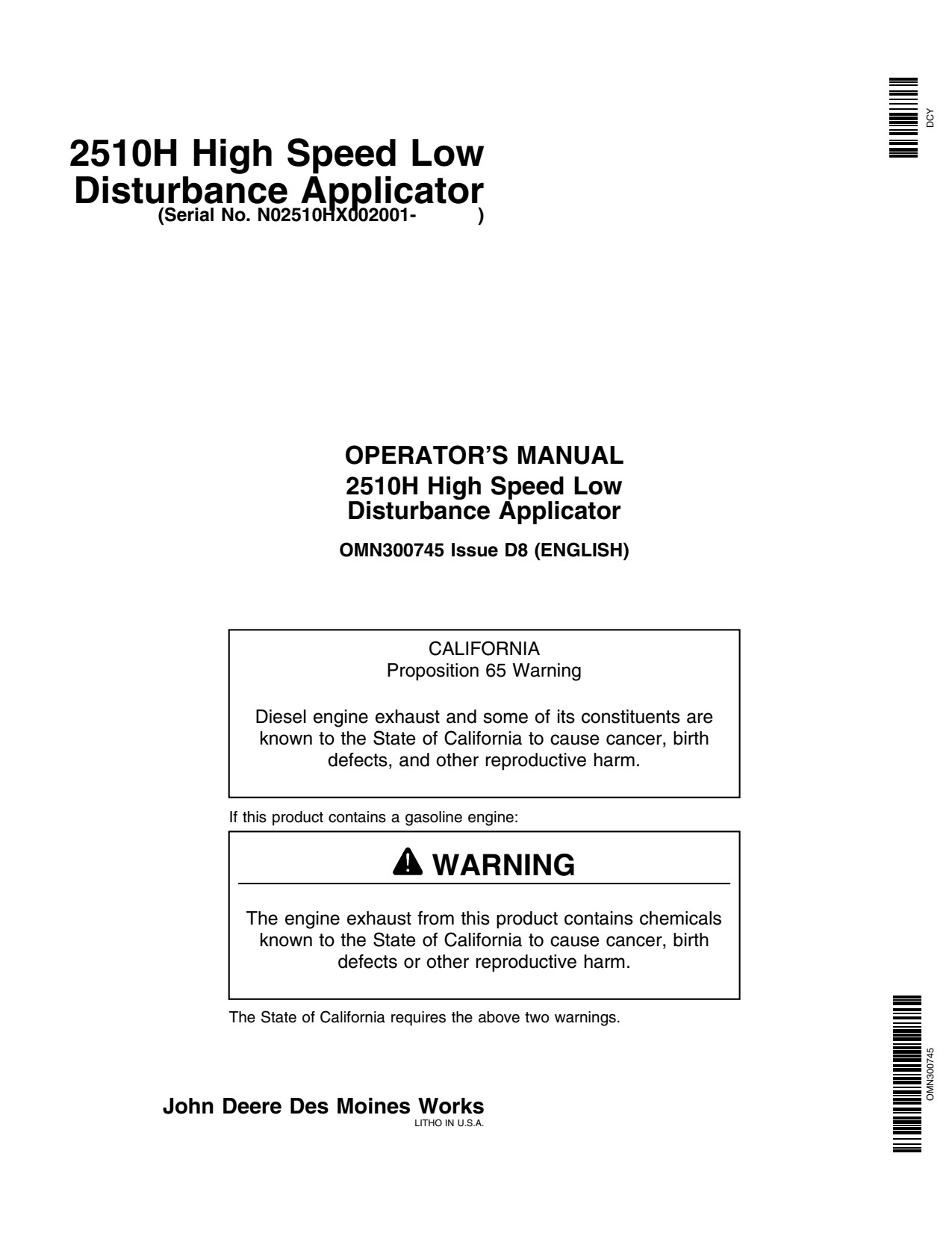 John Deere 2510H High-speed Fertilizer Applicator Operator Manual OMN300745 1 John Deere 2510H High-speed Fertilizer Applicator Operator Manual OMN300745