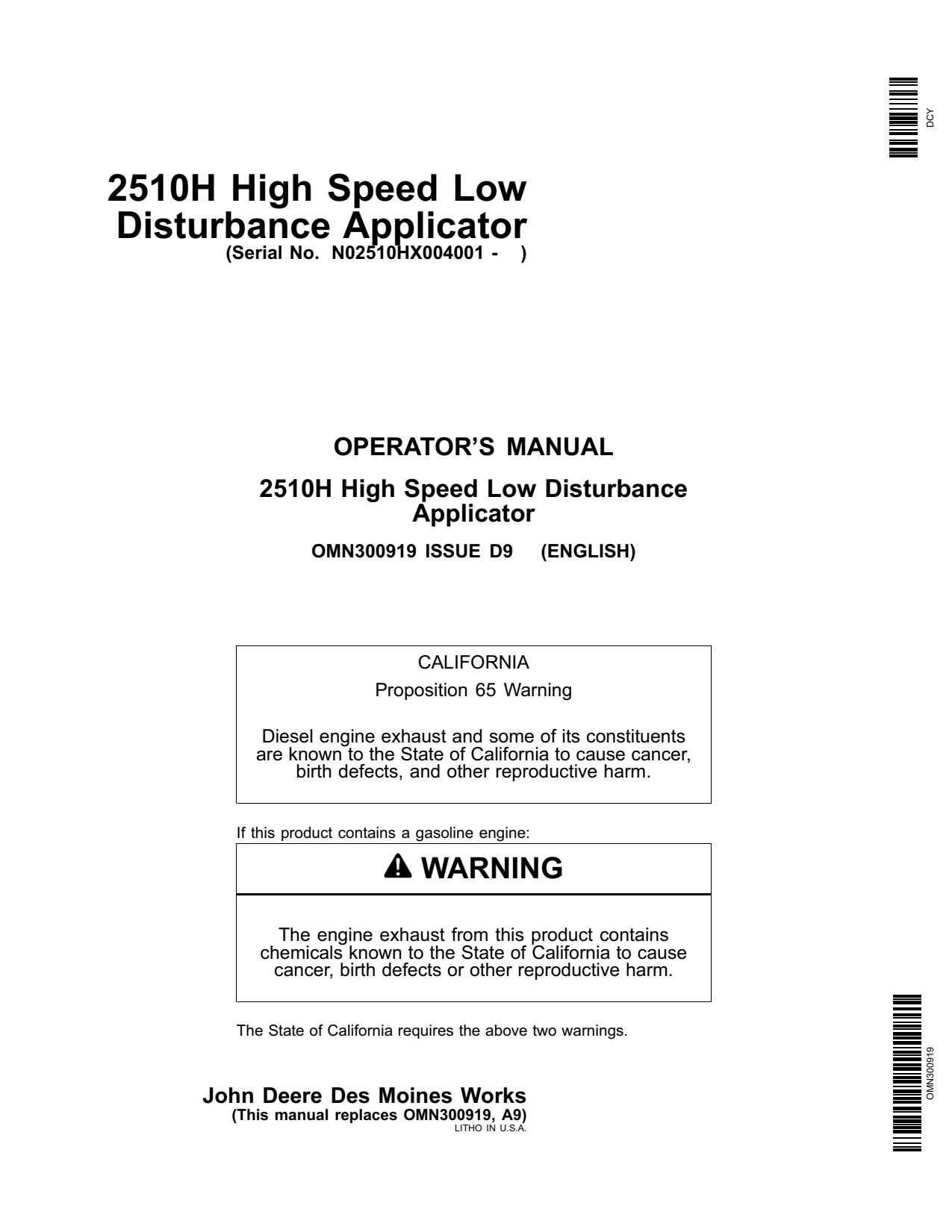 John Deere 2510H High-speed Fertilizer Applicator Operator Manual OMN300919 1 John Deere 2510H High-speed Fertilizer Applicator Operator Manual OMN300919