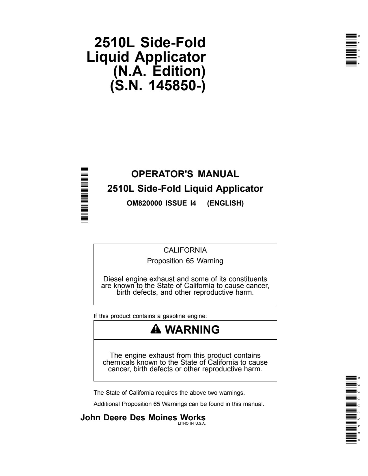 John Deere 2510L Side-fold Liquid Fertilizer Applicator Operator Manual OM820000 1 John Deere 2510L Side-fold Liquid Fertilizer Applicator Operator Manual OM820000