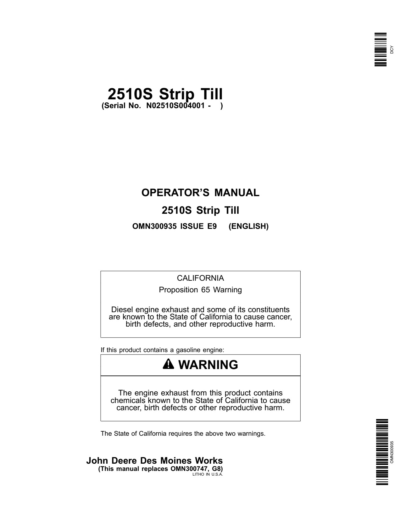 John Deere 2510S Strip Till Fertilizer Applicator Operator Manual OMN300935 1 John Deere 2510S Strip Till Fertilizer Applicator Operator Manual OMN300935