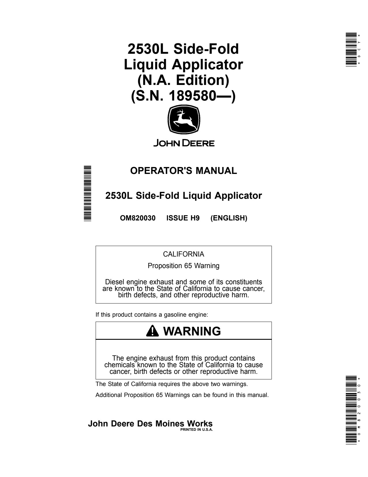 John Deere 2530L Side-fold Liquid Fertilizer Applicator Operator Manual OM820030 1 John Deere 2530L Side-fold Liquid Fertilizer Applicator Operator Manual OM820030