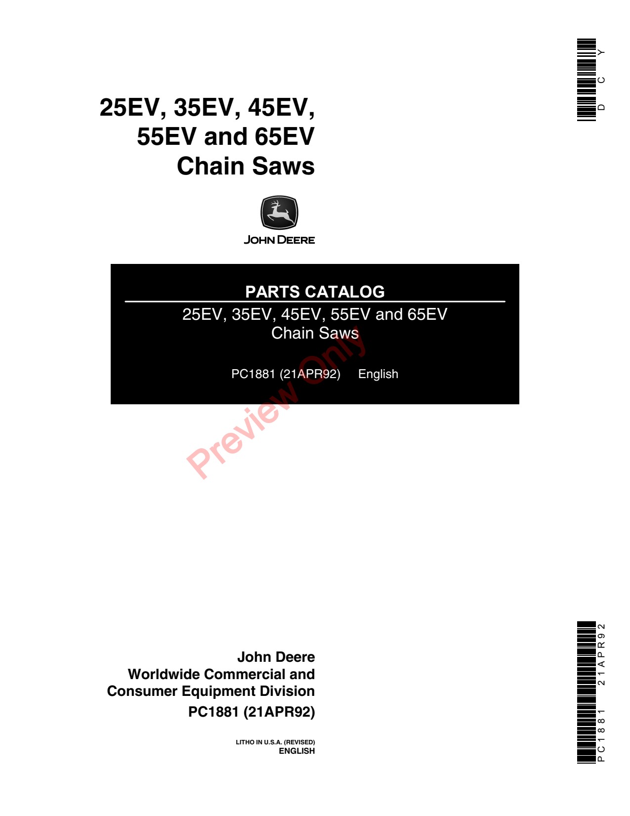 John Deere 25EV 35EV 5EV 45EV 55EV 65EV Chain Saws Parts Catalog PC1881 1 John Deere 25EV 35EV 5EV 45EV 55EV 65EV Chain Saws Parts Catalog PC1881