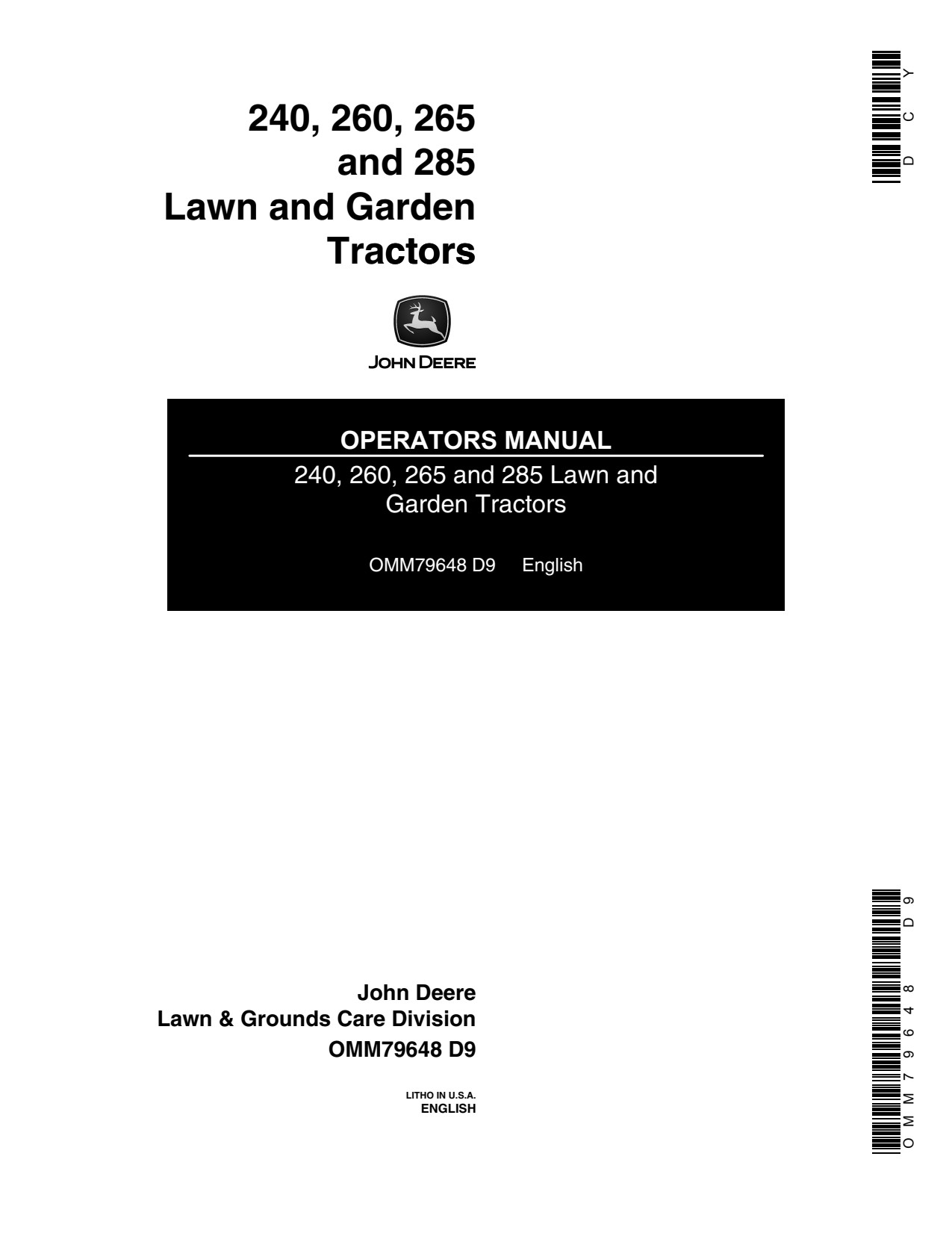 John Deere 260 265 285 240 Garden Tractor Operator Manual OMM79648 1 John Deere 260 265 285 240 Garden Tractor Operator Manual OMM79648