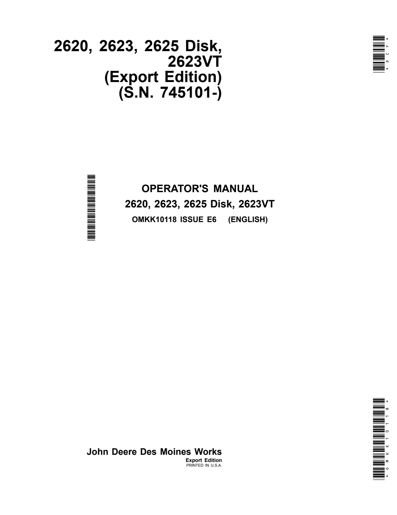 John Deere 2620 2623 2625 2623VT Disk Operator Manual OMKK10118 1 John Deere 2620 2623 2625 2623VT Disk Operator Manual OMKK10118