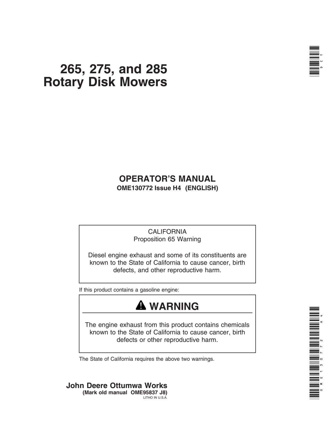 John Deere 265 to 285 Rotary Disk Mower Operator Manual OME130772 1 John Deere 265 to 285 Rotary Disk Mower Operator Manual OME130772