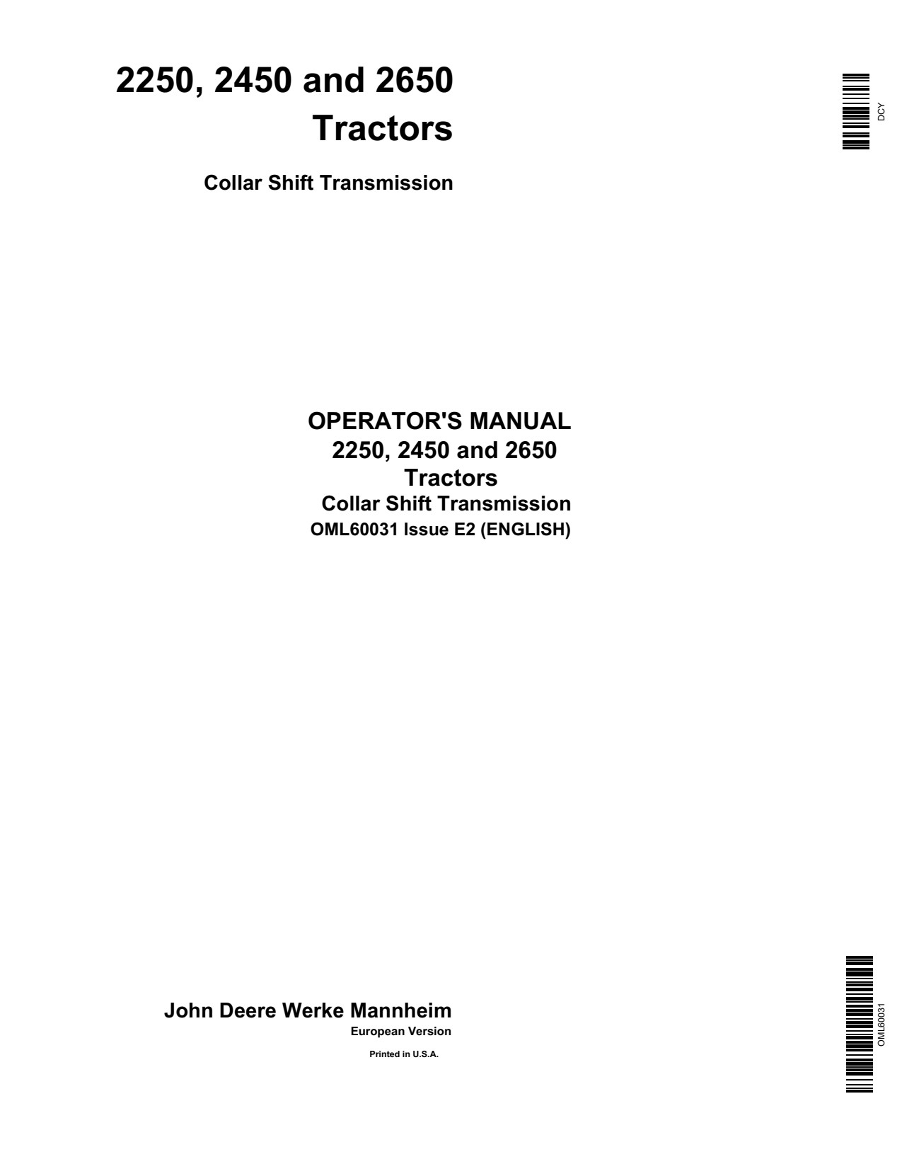 John Deere 2650 2250 2450 Collar Shift Transmission Operator Manual OML60031 1 John Deere 2650 2250 2450 Collar Shift Transmission Operator Manual OML60031