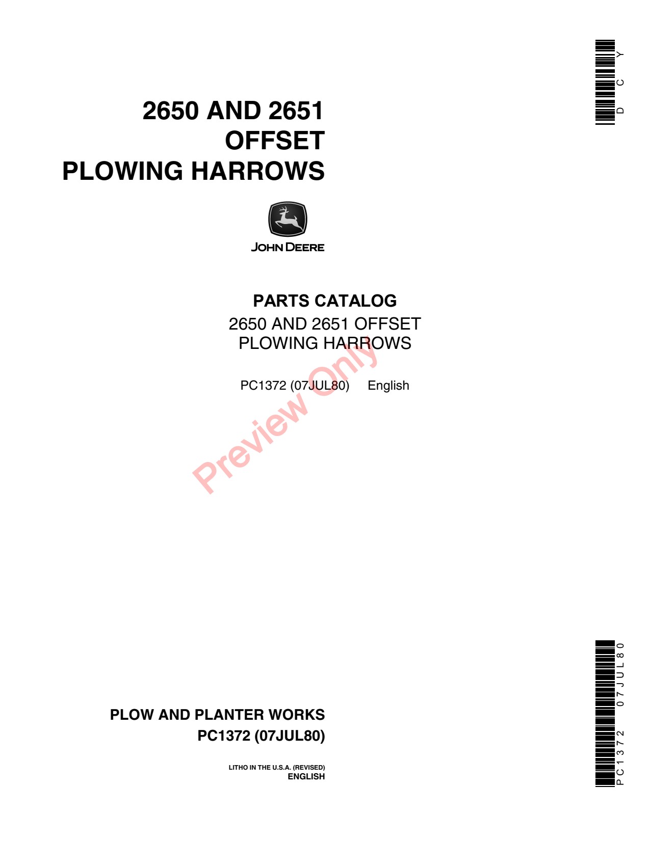 John Deere 2650 2651 Offset Plowing Harrow Parts Catalog PC1372 1 John Deere 2650 2651 Offset Plowing Harrow Parts Catalog PC1372