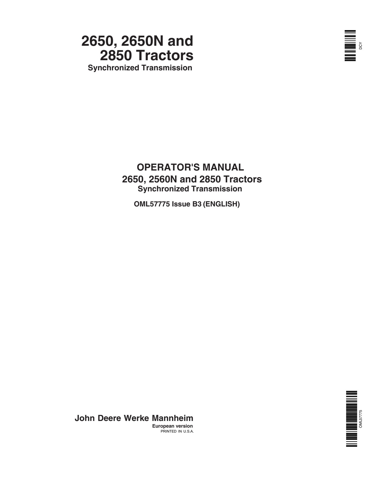 John Deere 2650N 2850 2650 Tractors Synchronized Transmission Operator Manual OML57775 1 John Deere 2650N 2850 2650 Tractors Synchronized Transmission Operator Manual OML57775