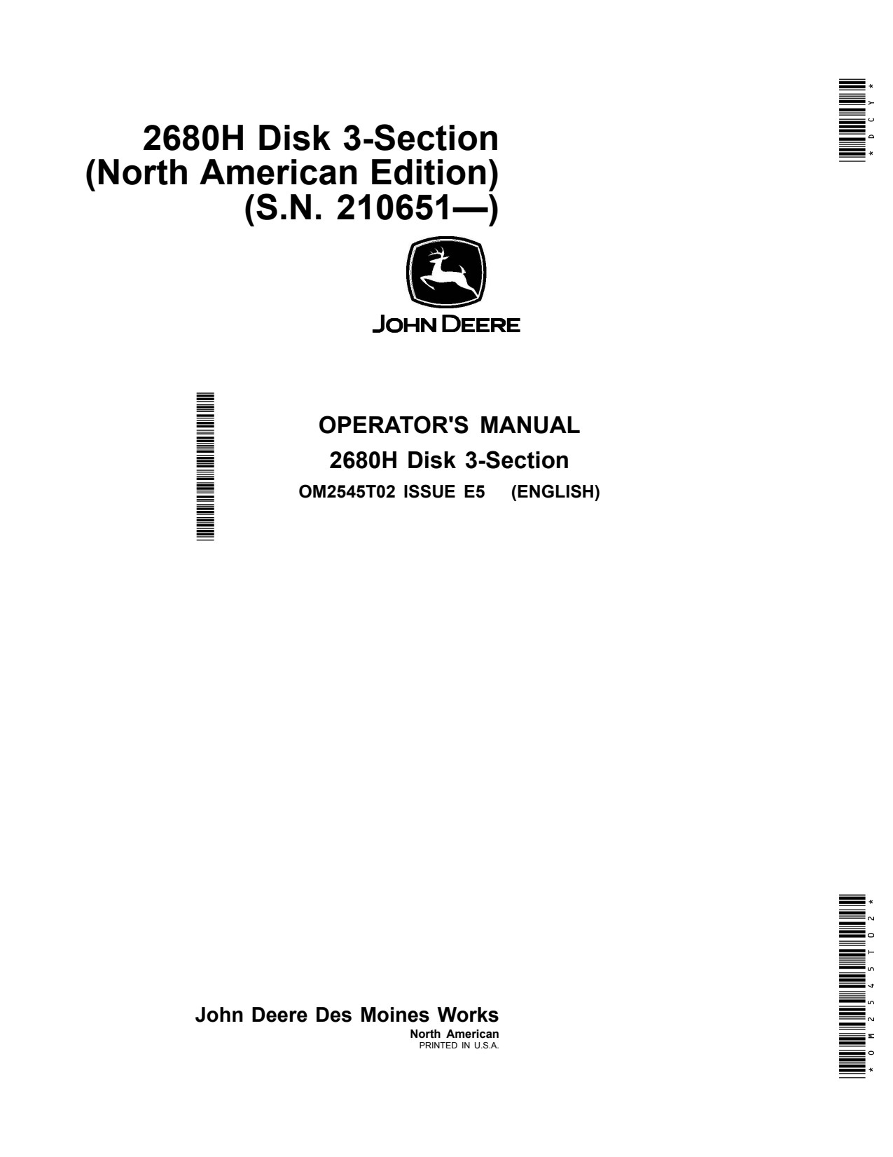 John Deere 2680H 3-Section Disk Operator Manual OM2545T02 1 John Deere 2680H 3-Section Disk Operator Manual OM2545T02