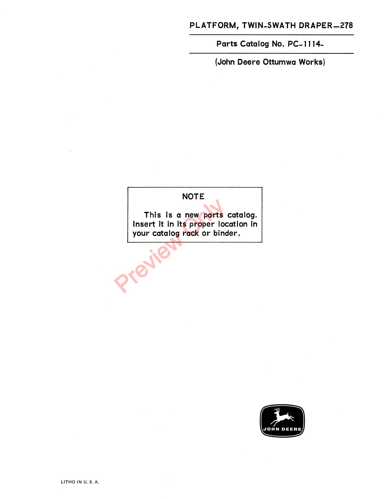 John Deere 278 Twin Swath Header Platform Parts Catalog PC1114 1 John Deere 278 Twin Swath Header Platform Parts Catalog PC1114