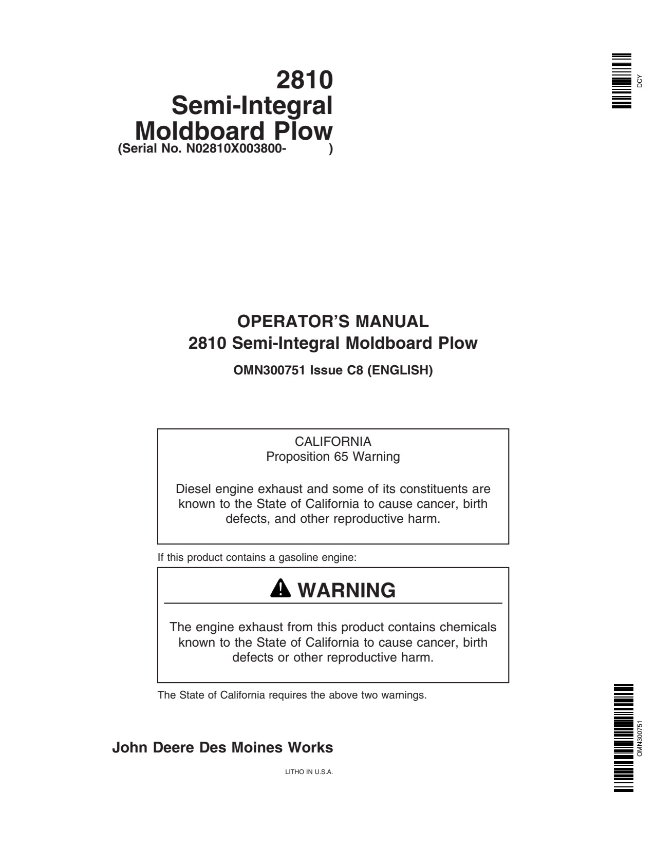 John Deere 2810 Semi-integral Moldboard Plow Operator Manual OMN300751 1 John Deere 2810 Semi-integral Moldboard Plow Operator Manual OMN300751