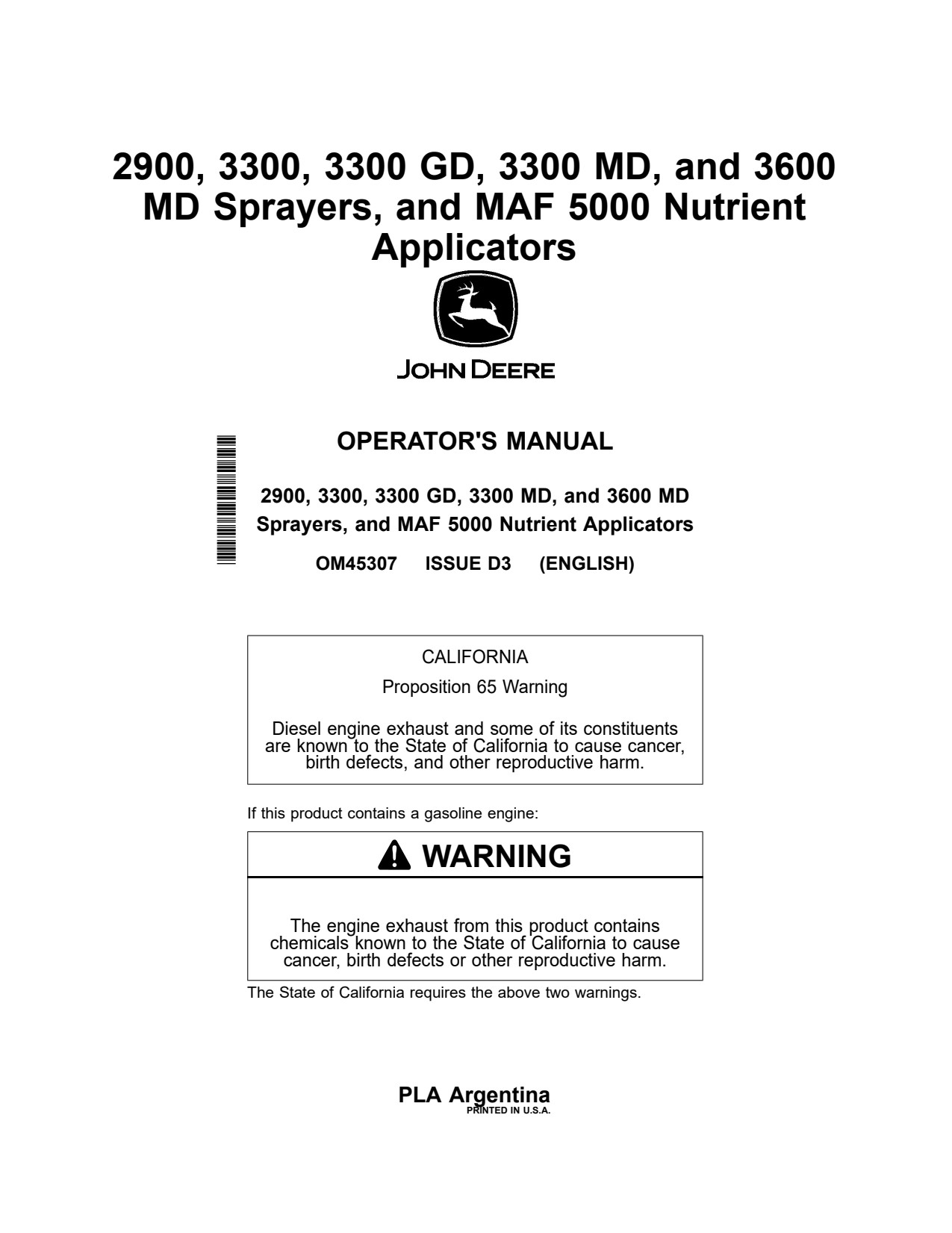 John Deere 2900 MAF3 3600 3300 5000 Fertilizer Applicator Operator Manual OM45307 1 John Deere 2900 MAF3 3600 3300 5000 Fertilizer Applicator Operator Manual OM45307