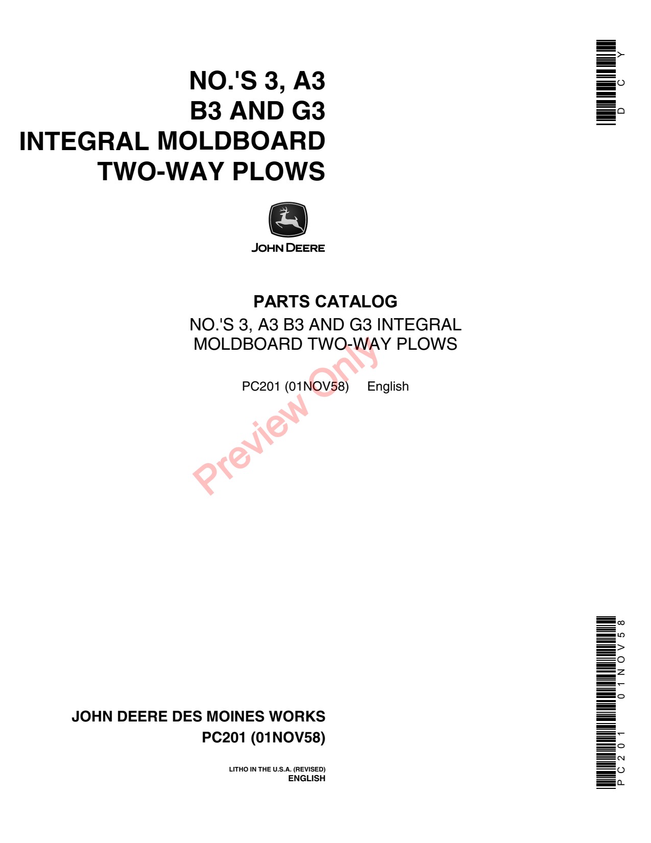 John Deere 3 A3 B3 G3 Integral Moldboard Plow Parts Catalog PC201 1 John Deere 3 A3 B3 G3 Integral Moldboard Plow Parts Catalog PC201