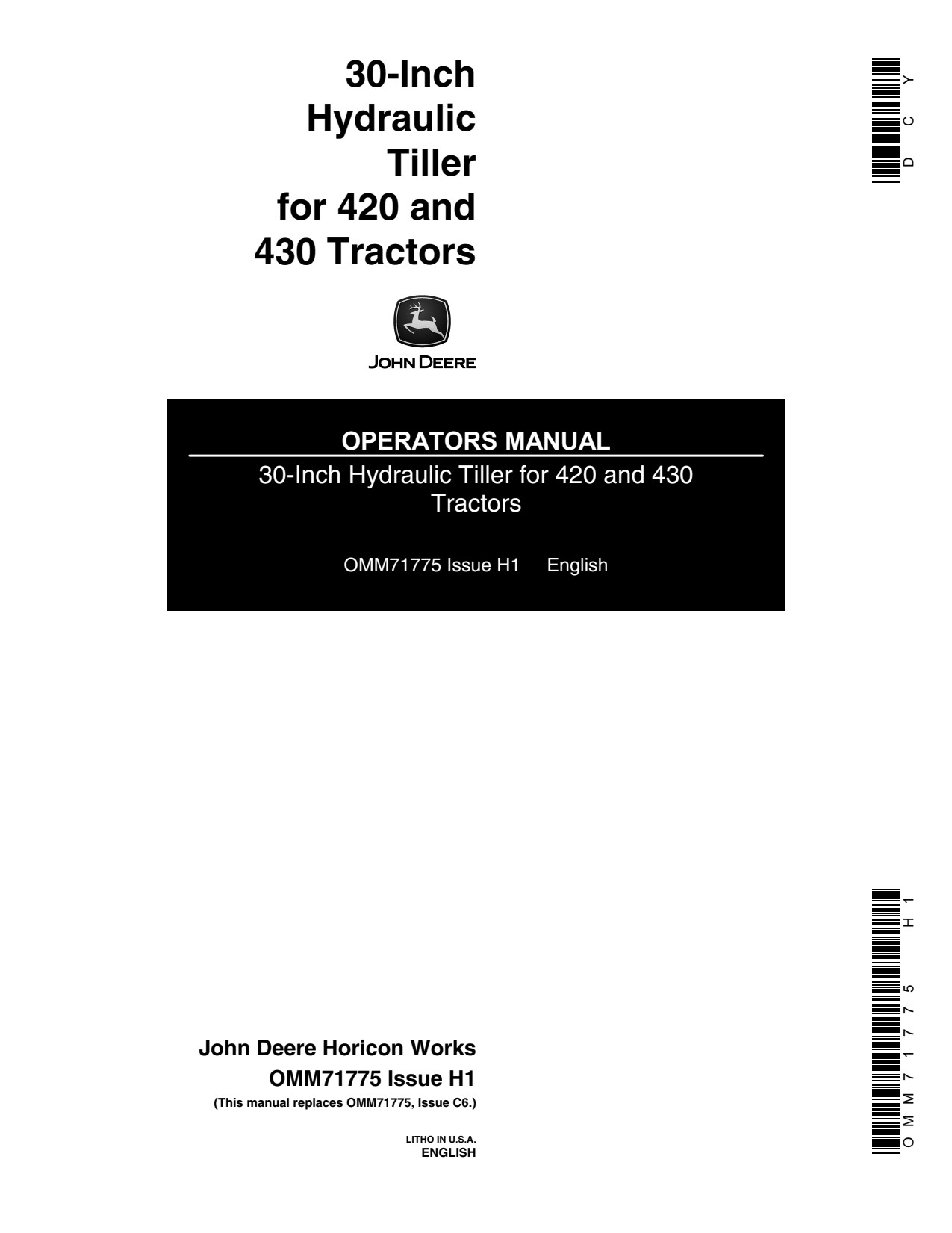 John Deere 30 Inch 430 420 Hydraulic Tiller Operator Manual OMM71775 1 John Deere 30 Inch 430 420 Hydraulic Tiller Operator Manual OMM71775
