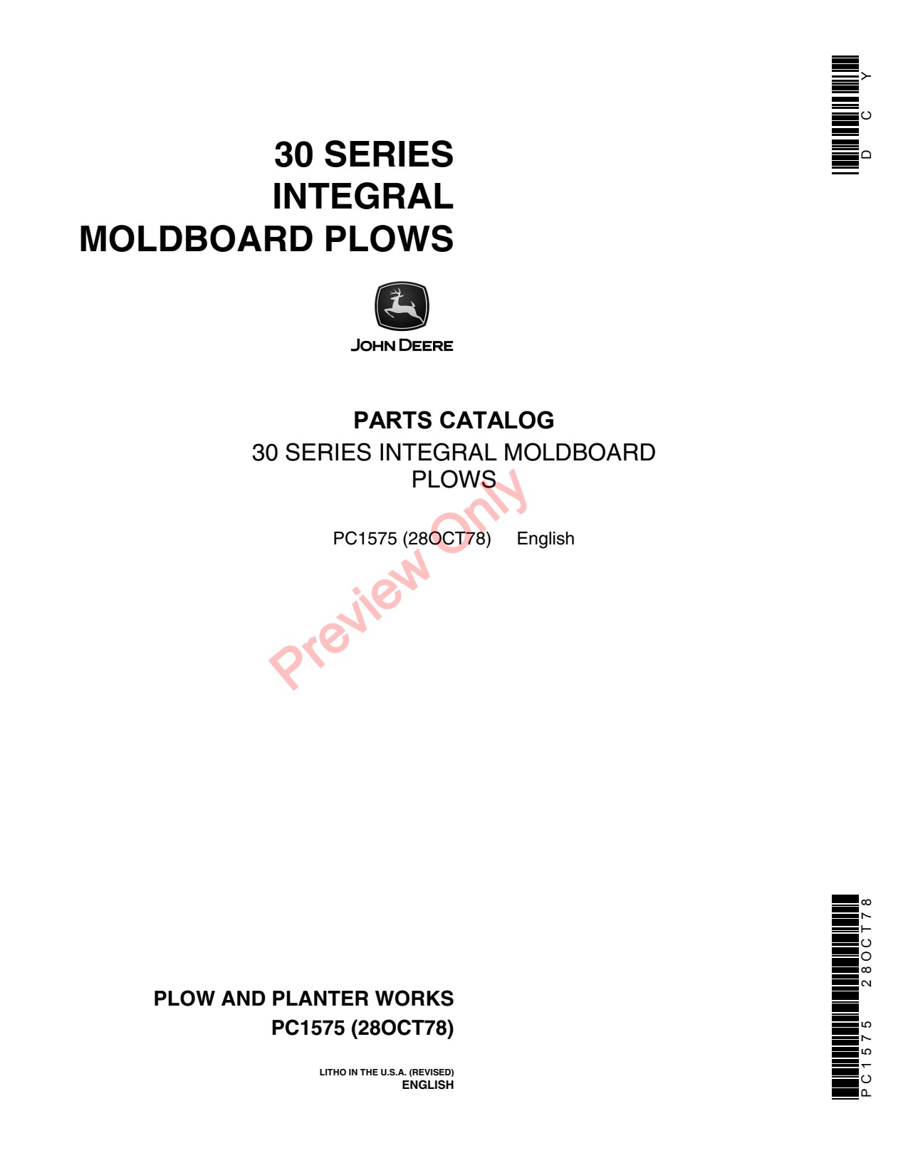 John Deere 30 Integral Moldboard Plow Parts Catalog PC1575 1 John Deere 30 Integral Moldboard Plow Parts Catalog PC1575