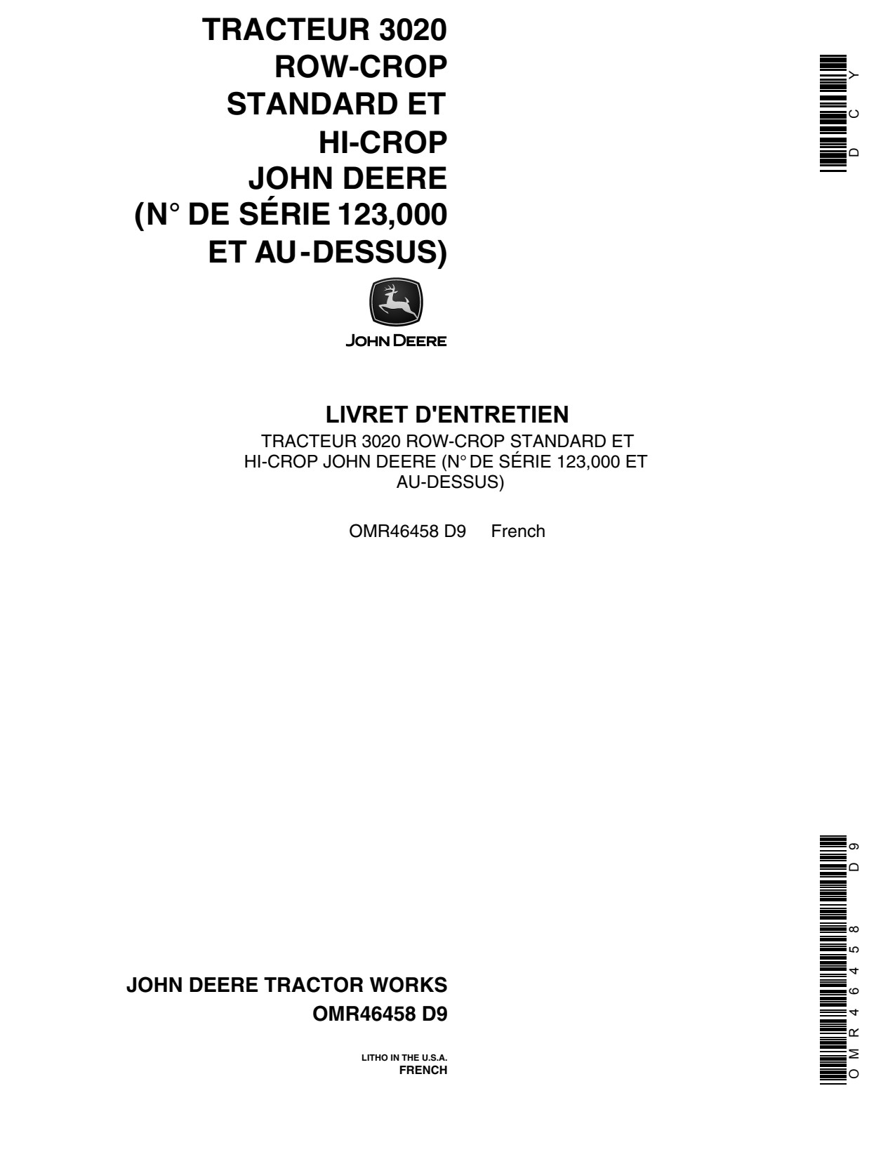 John Deere 3020 Hi-crop Tractor Operator Manual OMR46458 FR 1 John Deere 3020 Hi-crop Tractor Operator Manual OMR46458 FR