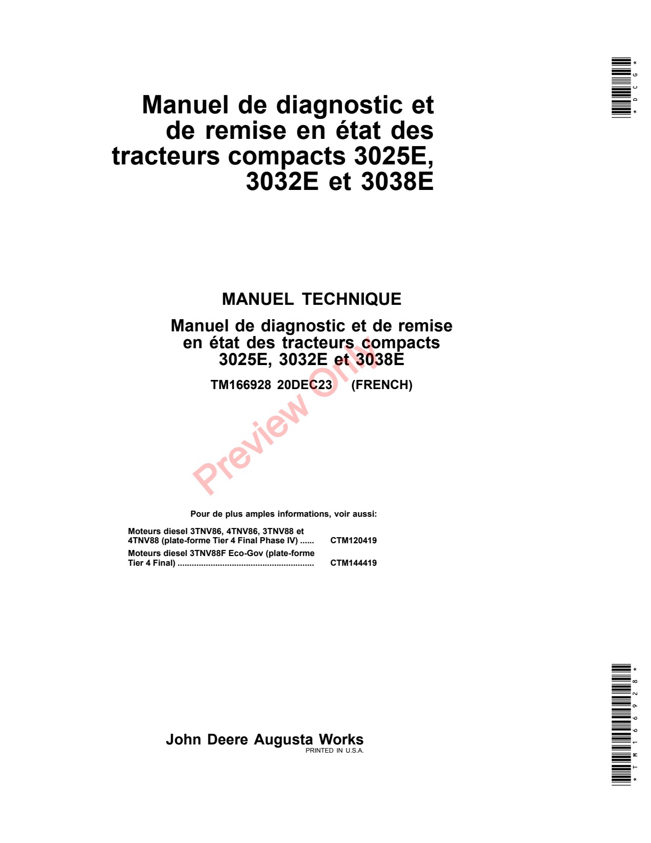John Deere 3025E 3038E 3032E Compact Utility Tractor Diagnostic Technical Manual TM166928 FR 1 John Deere 3025E 3038E 3032E Compact Utility Tractor Diagnostic Technical Manual TM166928 FR