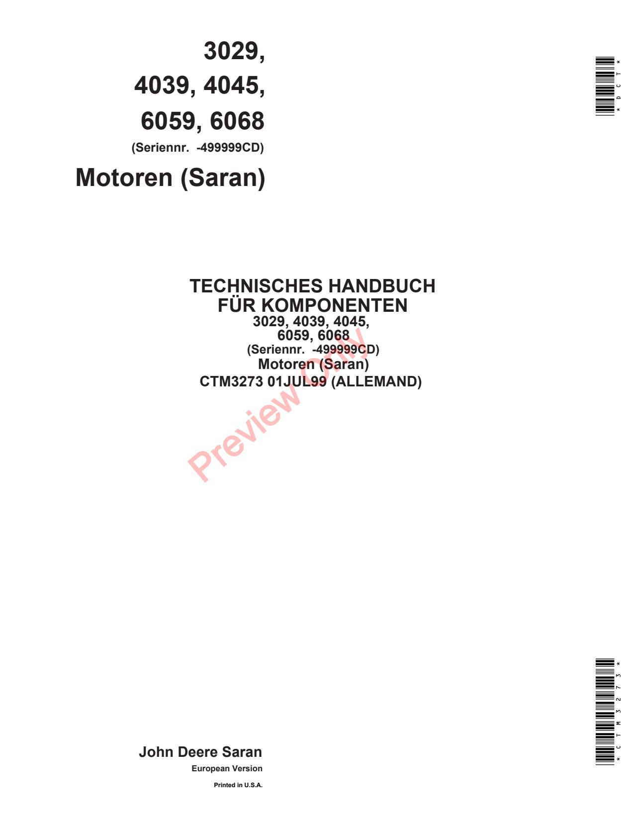 John Deere 3029 4039 4045 6059 6068 Engine Component Technical Manual CTM3273 DE 1 John Deere 3029 4039 4045 6059 6068 Engine Component Technical Manual CTM3273 DE
