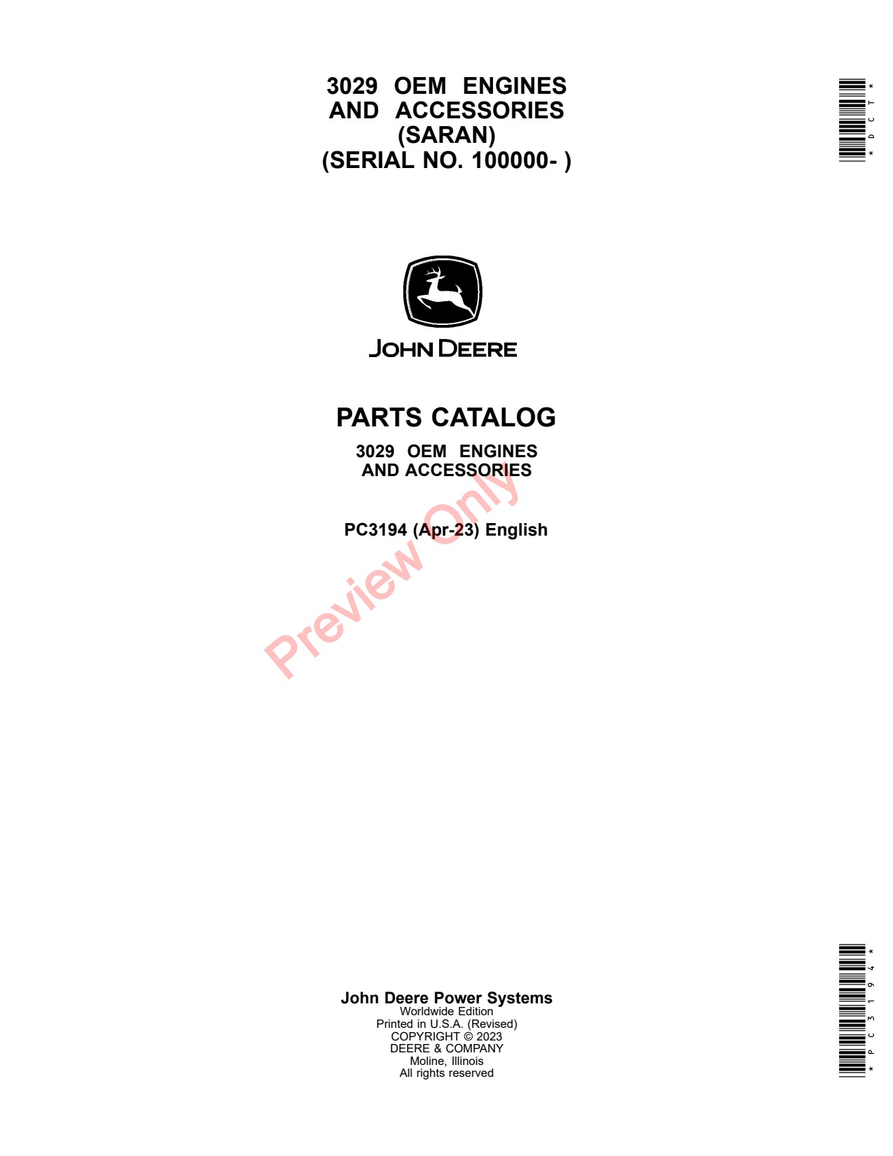 John Deere 3029 OEM Engine Parts Catalog PC3194 1 John Deere 3029 OEM Engine Parts Catalog PC3194