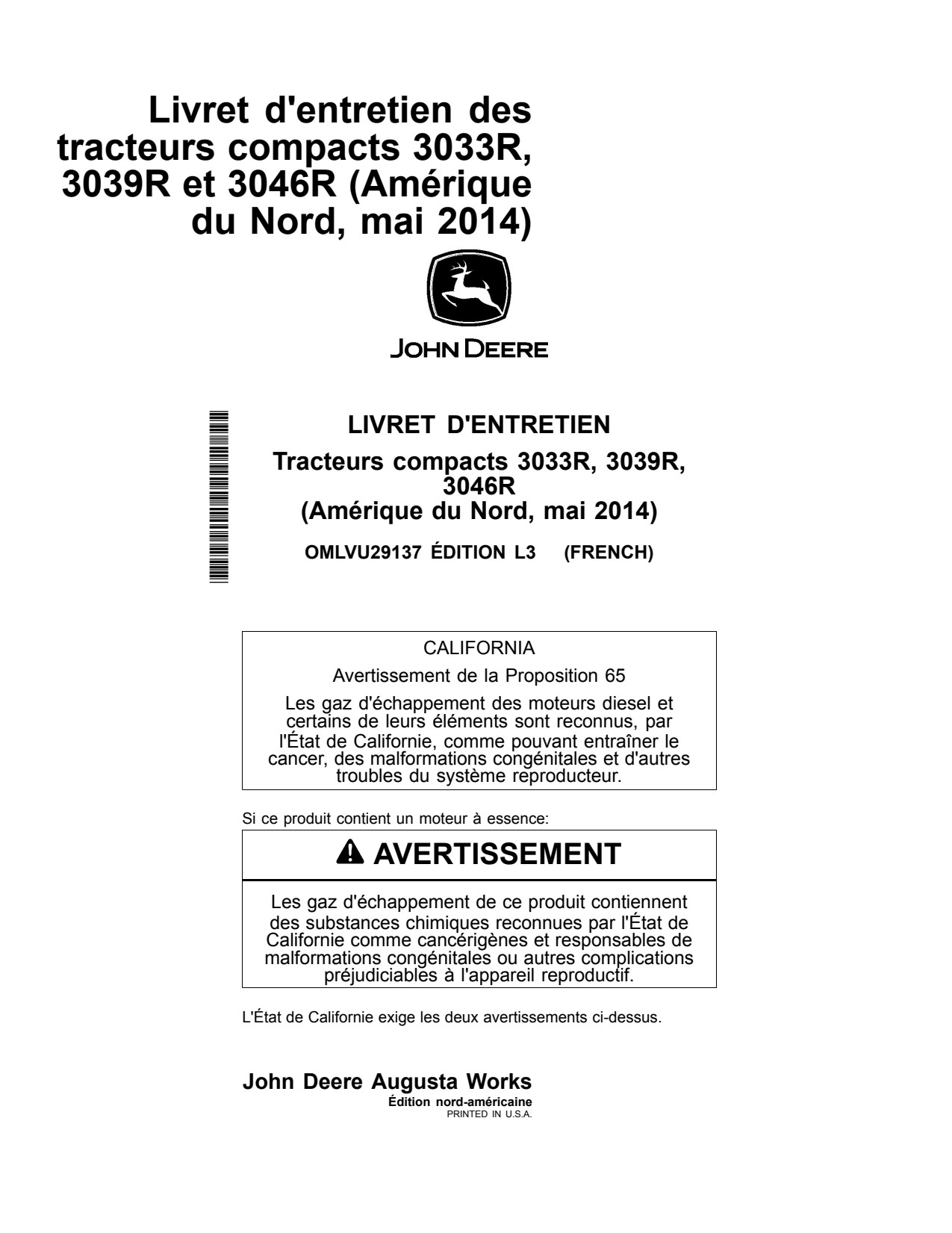 John Deere 3033R 3039R 3046R Compact Utility Tractor Operator Manual OMLVU29137 FR 1 John Deere 3033R 3039R 3046R Compact Utility Tractor Operator Manual OMLVU29137 FR