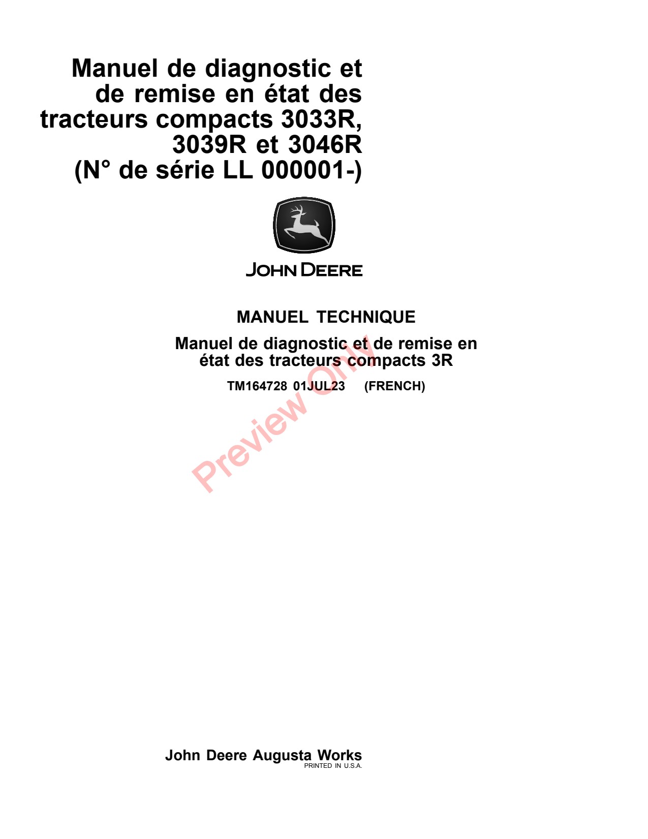 John Deere 3033R 3046R 3039R Compact Utility Tractor Diagnostic Technical Manual TM164728 FR 1 John Deere 3033R 3046R 3039R Compact Utility Tractor Diagnostic Technical Manual TM164728 FR