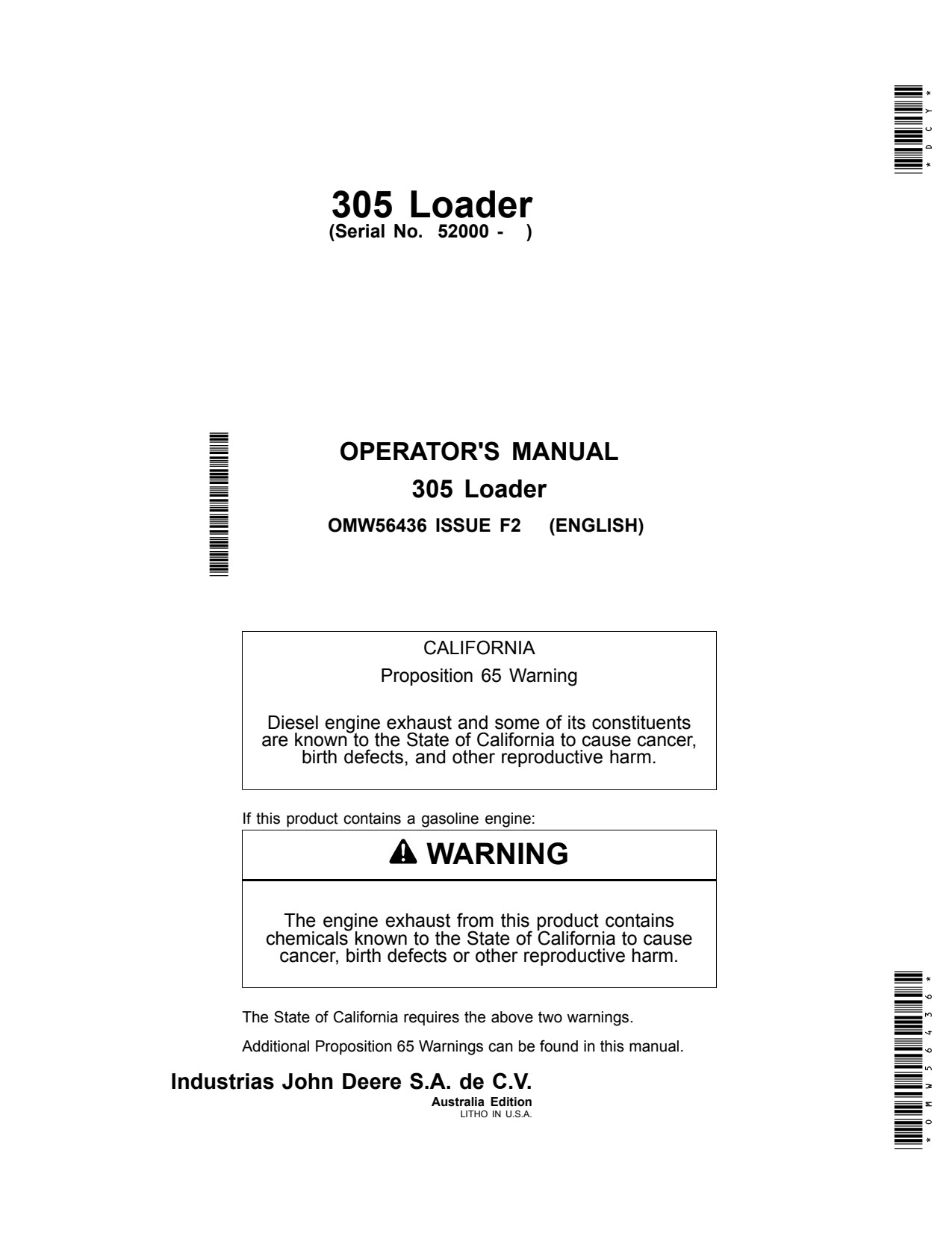 John Deere 3036E 3038E 305 3032E 52000 Loader Operator Manual OMW56436 1 John Deere 3036E 3038E 305 3032E 52000 Loader Operator Manual OMW56436