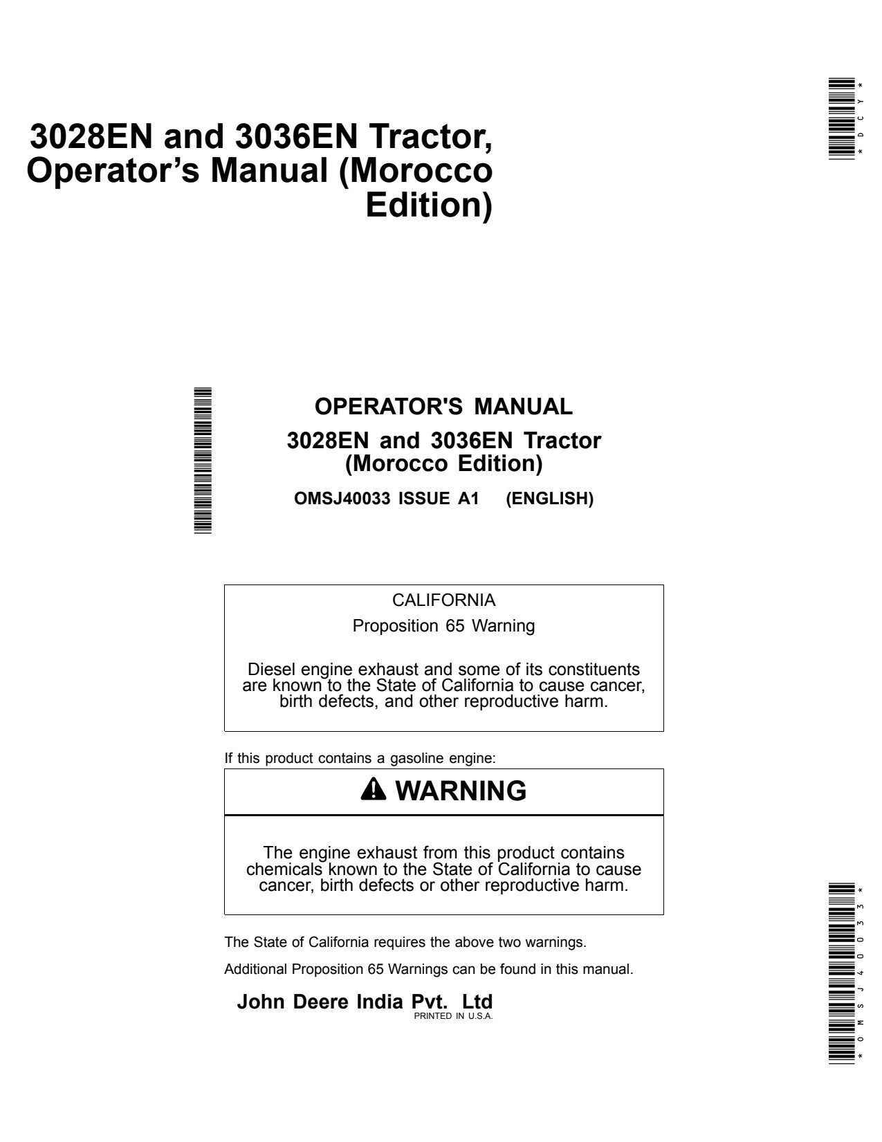 John Deere 3036EN 3028EN Tractor Operator Manual OMSJ40033 1 John Deere 3036EN 3028EN Tractor Operator Manual OMSJ40033