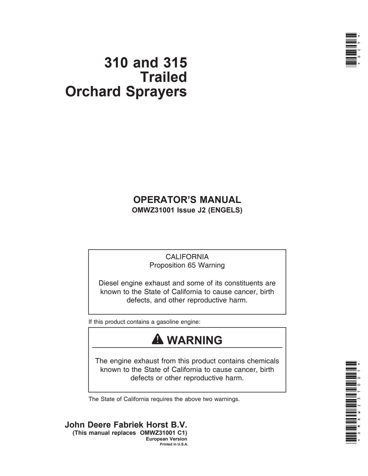 John Deere 310 315 Trailed Orchard Sprayer Operator Manual OMWZ31001 1 John Deere 310 315 Trailed Orchard Sprayer Operator Manual OMWZ31001