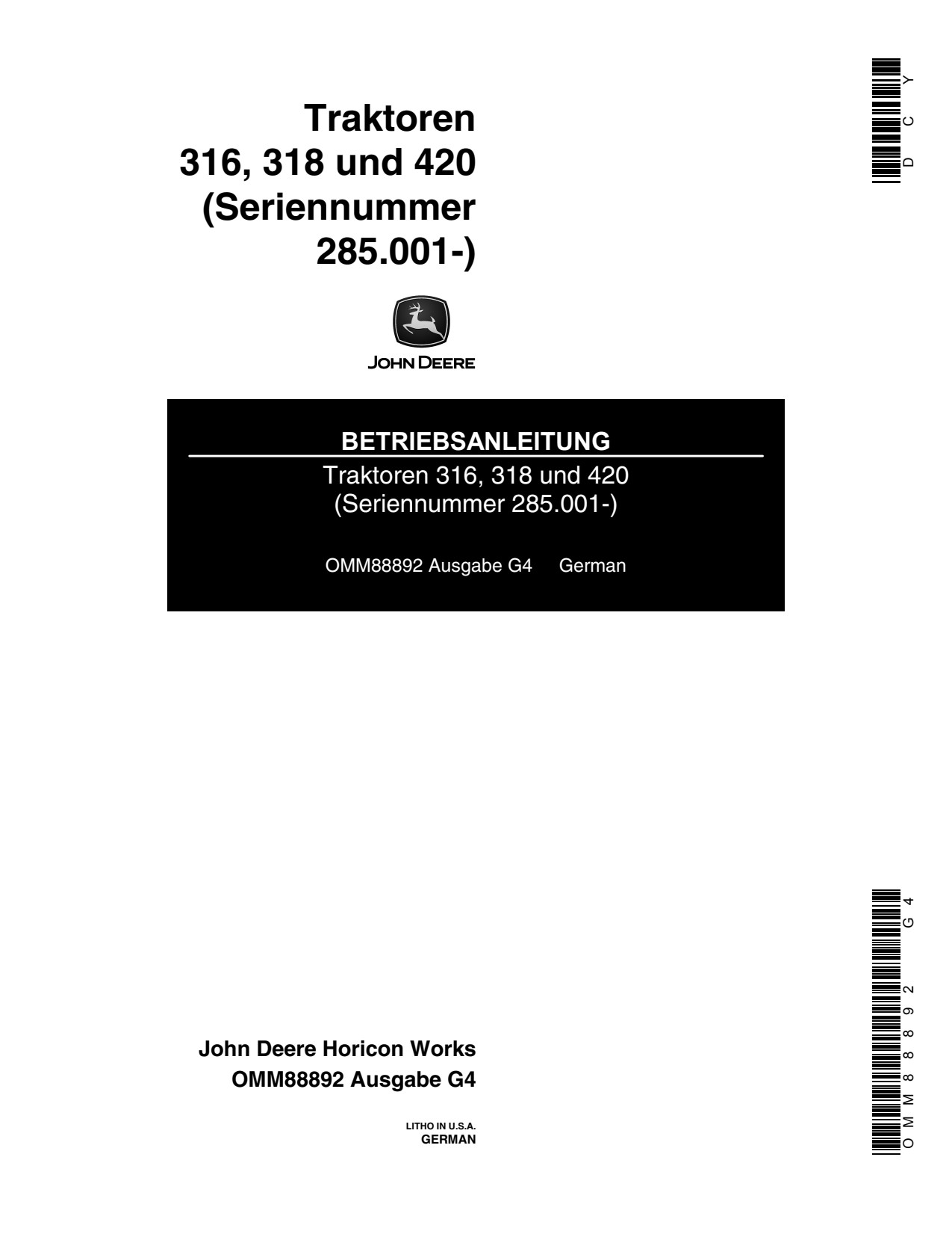John Deere 316 318 420 Garden Tractor Operator Manual OMM88892 DE 1 John Deere 316 318 420 Garden Tractor Operator Manual OMM88892 DE