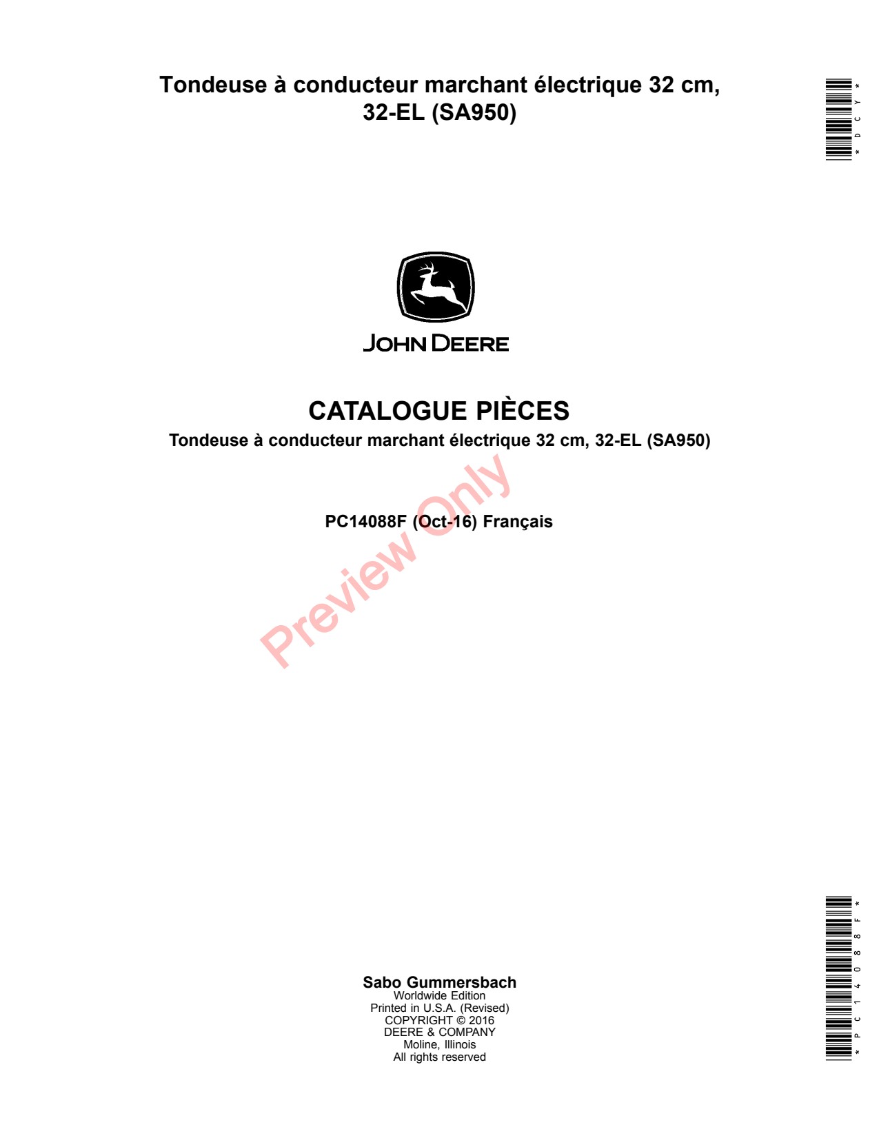 John Deere 32-EL SA950 32CM 32 Electric Walk-Behind Mower Parts Catalog PC14088F FR 1 John Deere 32-EL SA950 32CM 32 Electric Walk-Behind Mower Parts Catalog PC14088F FR