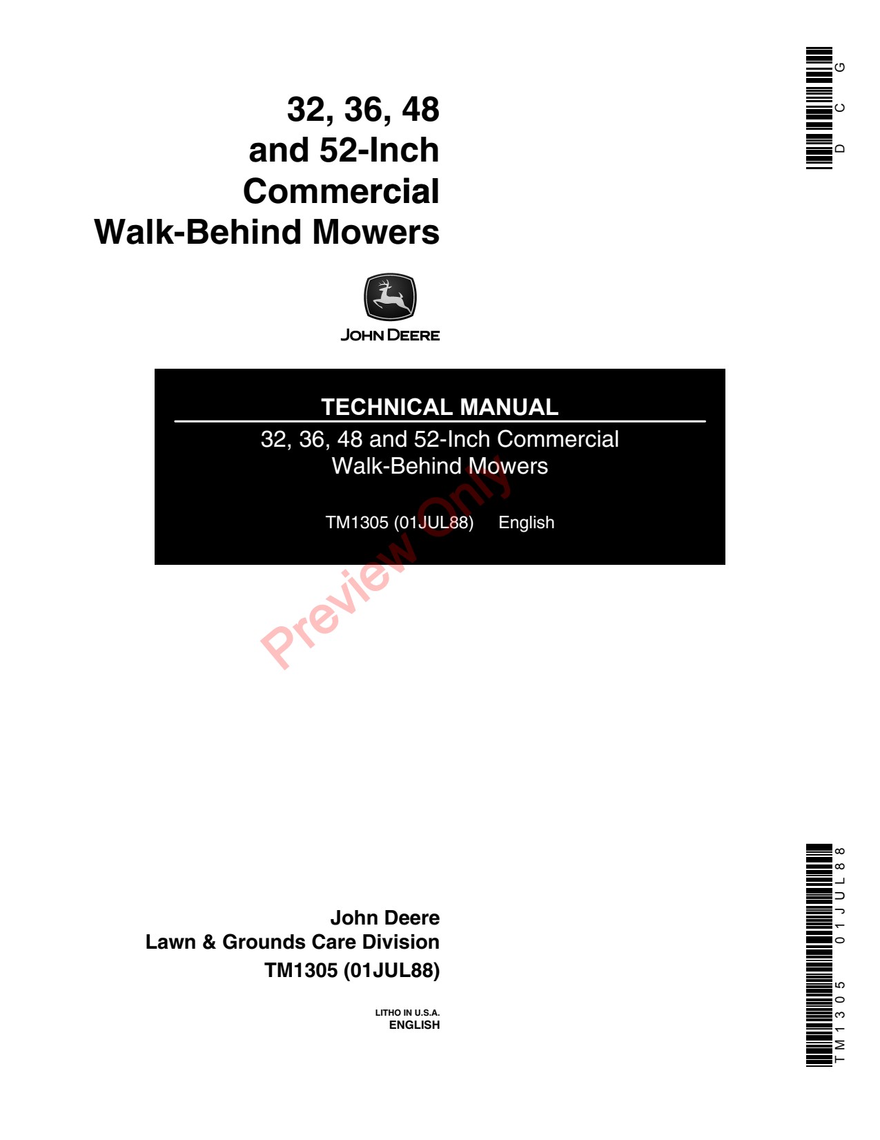 John Deere 32 Inch 36 48 52 Commercial Walk-Behind Mower Technical Manual TM1305 1 John Deere 32 Inch 36 48 52 Commercial Walk-Behind Mower Technical Manual TM1305