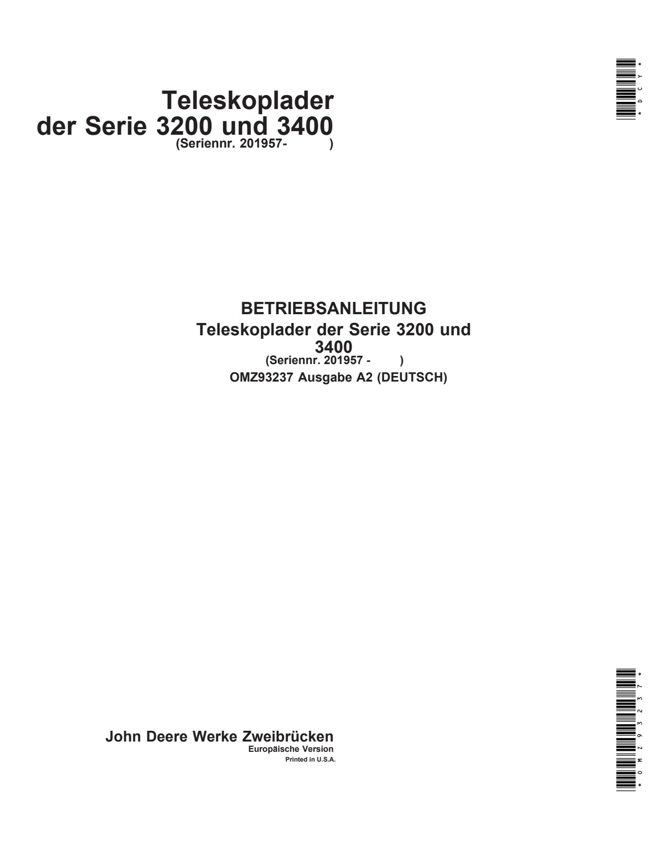 John Deere 3200 3400 Rigid Telehandler Operator Manual OMZ93237 DE 1 John Deere 3200 3400 Rigid Telehandler Operator Manual OMZ93237 DE